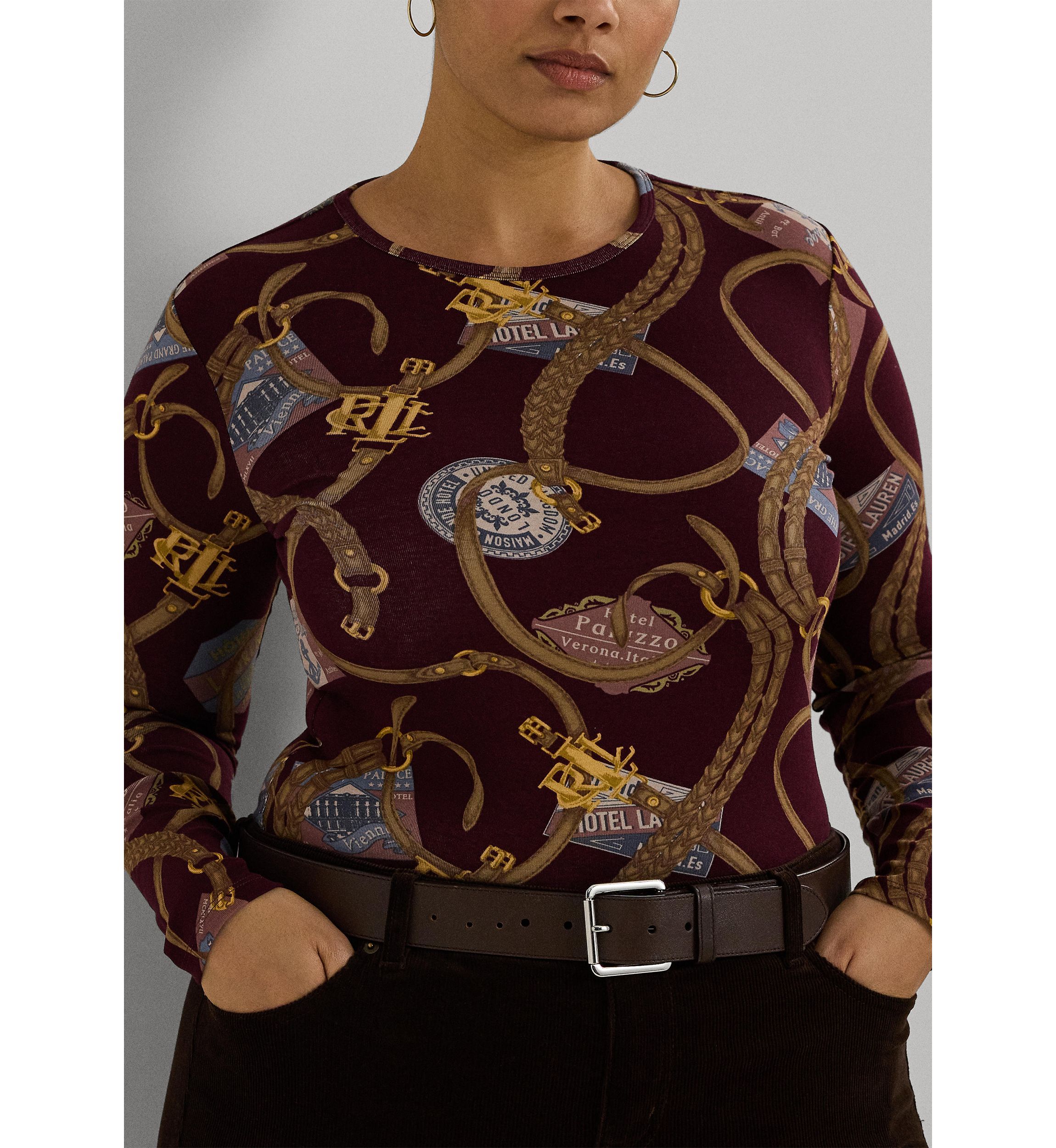 Plus Size Belting Print Cotton Long Sleeve T-Shirt