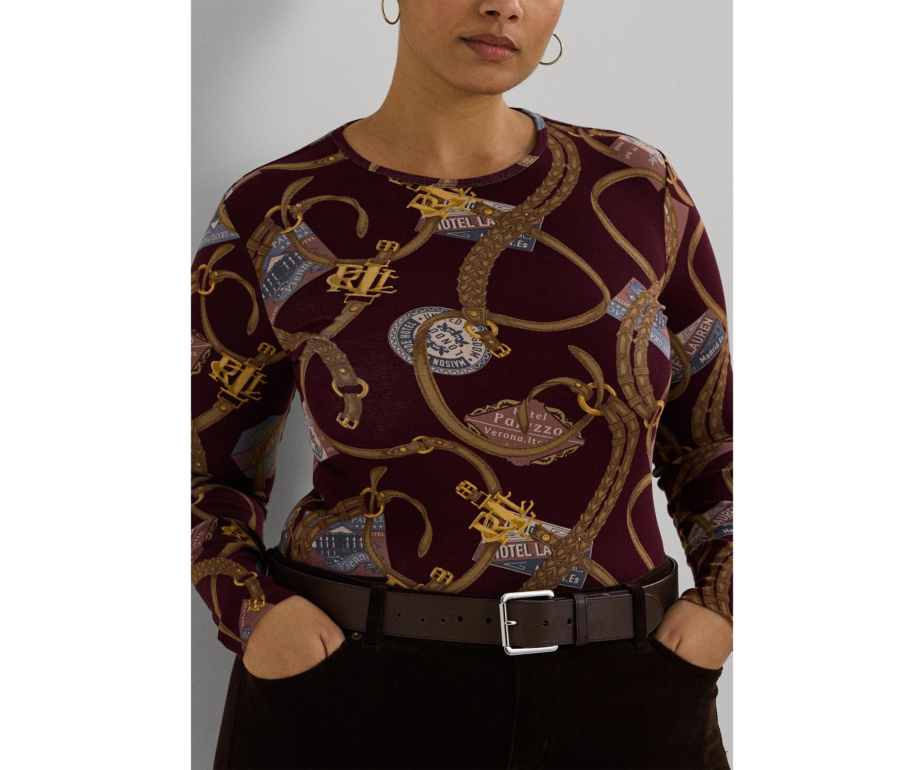 Plus Size Belting Print Cotton Long Sleeve T-Shirt