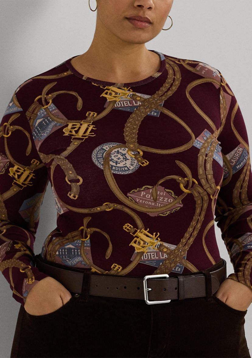 Plus Size Belting Print Cotton Long Sleeve T-Shirt