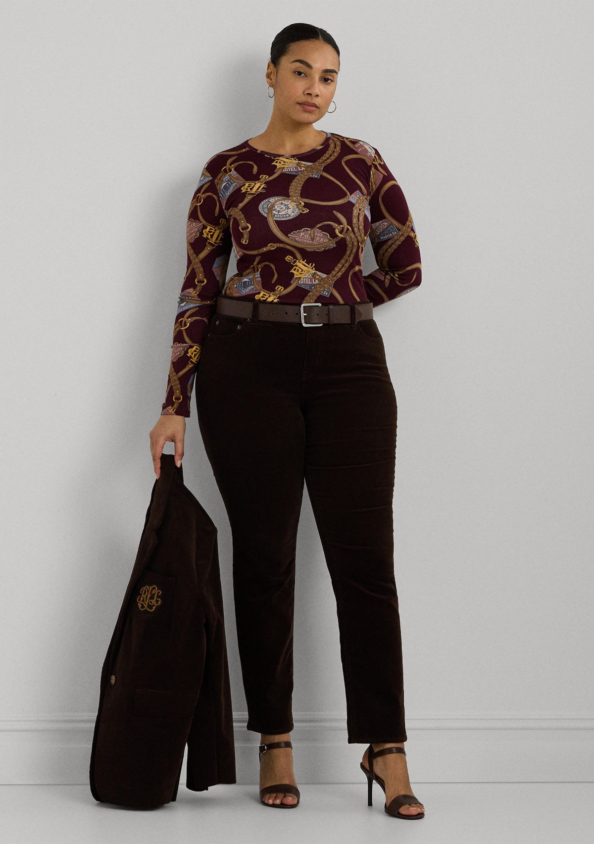 Plus Size Belting Print Cotton Long Sleeve T-Shirt