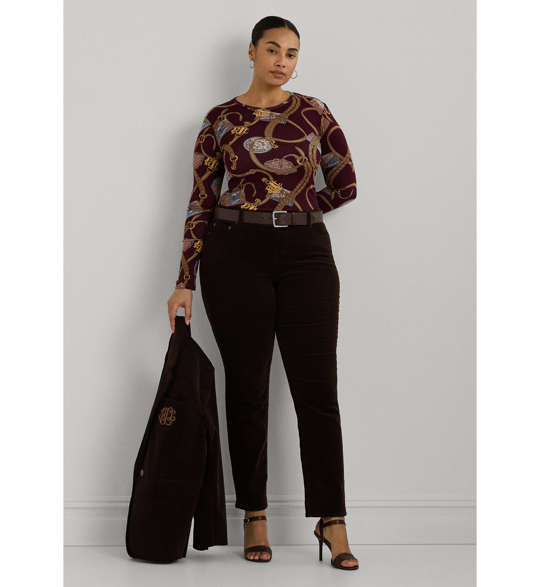 Plus Size Belting Print Cotton Long Sleeve T-Shirt