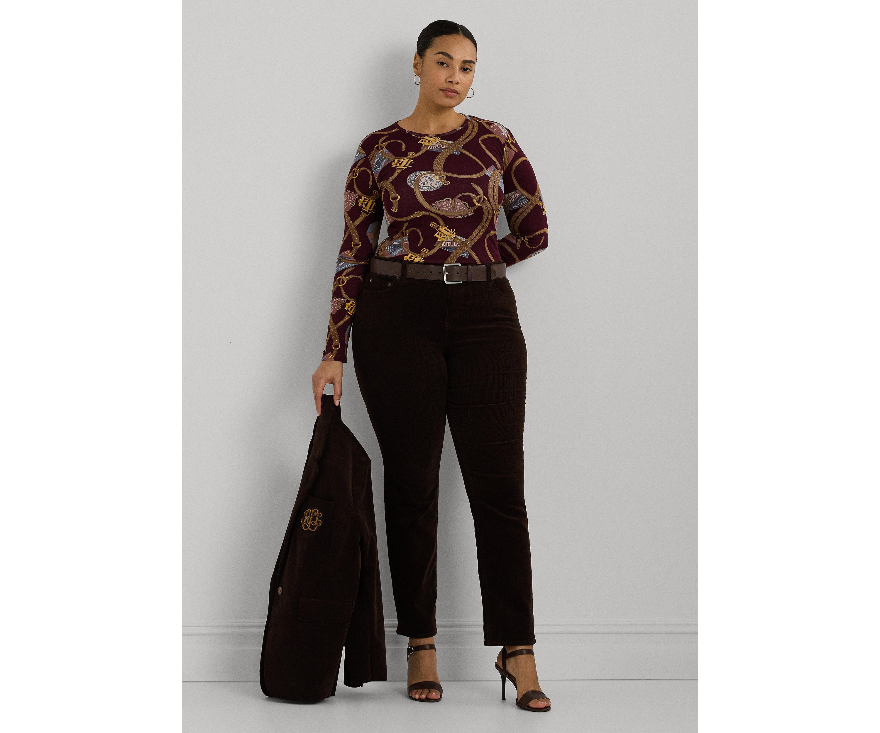 Plus Size Belting Print Cotton Long Sleeve T-Shirt