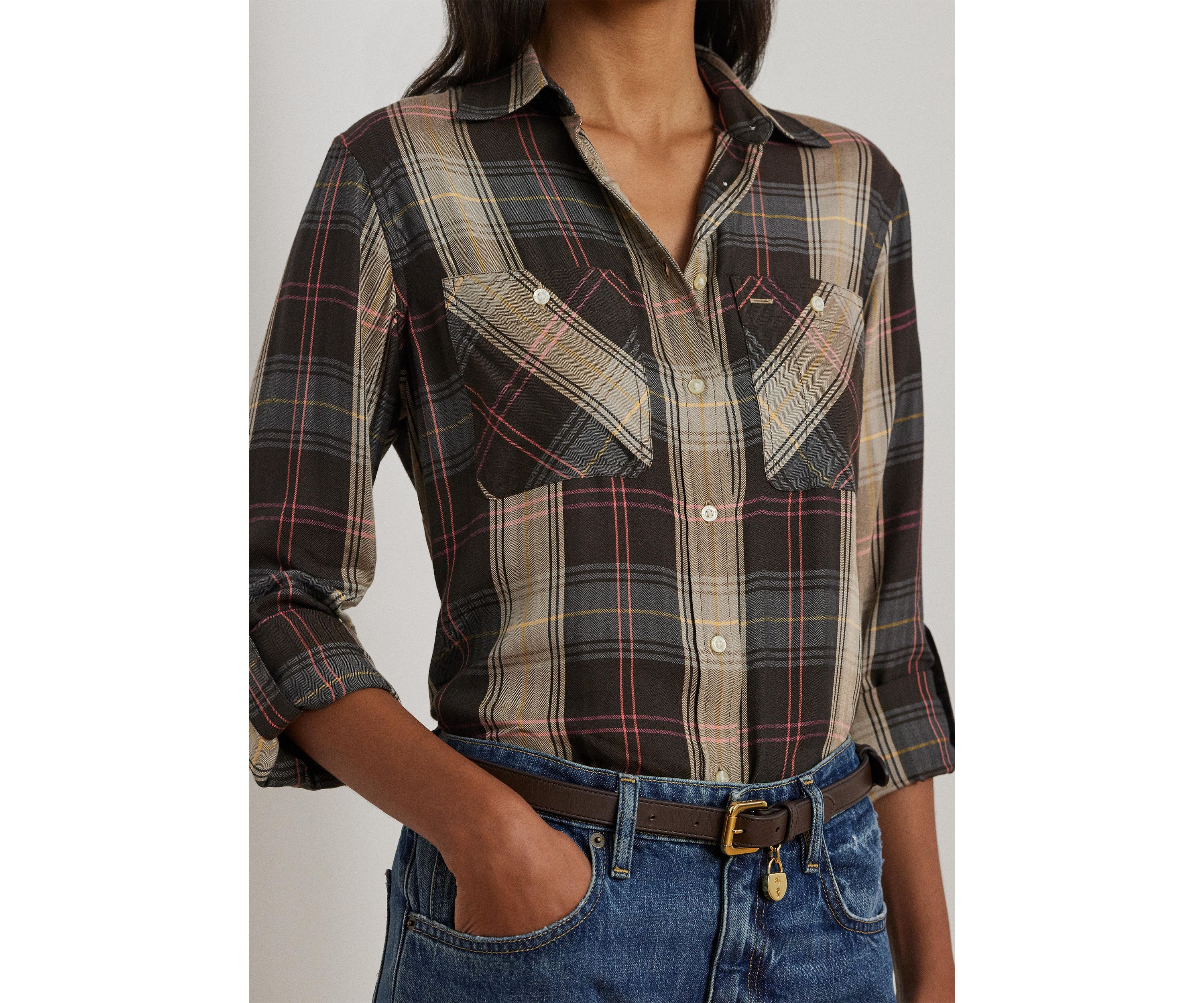 Relaxed Fit Plaid Roll Tab Sleeve Shirt