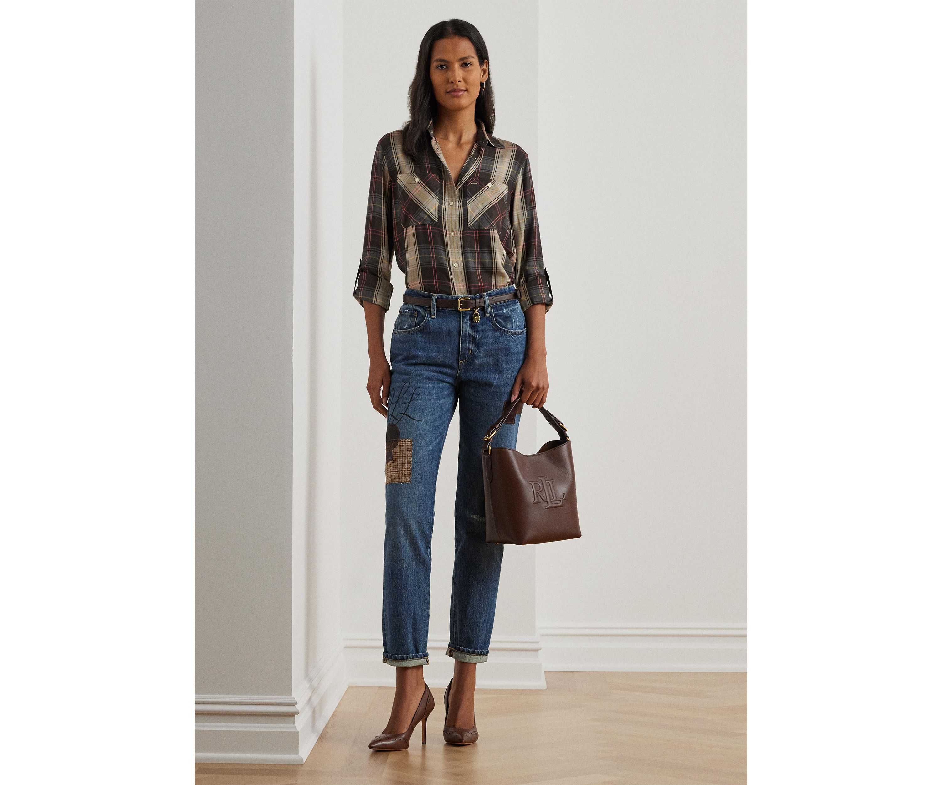 Relaxed Fit Plaid Roll Tab Sleeve Shirt