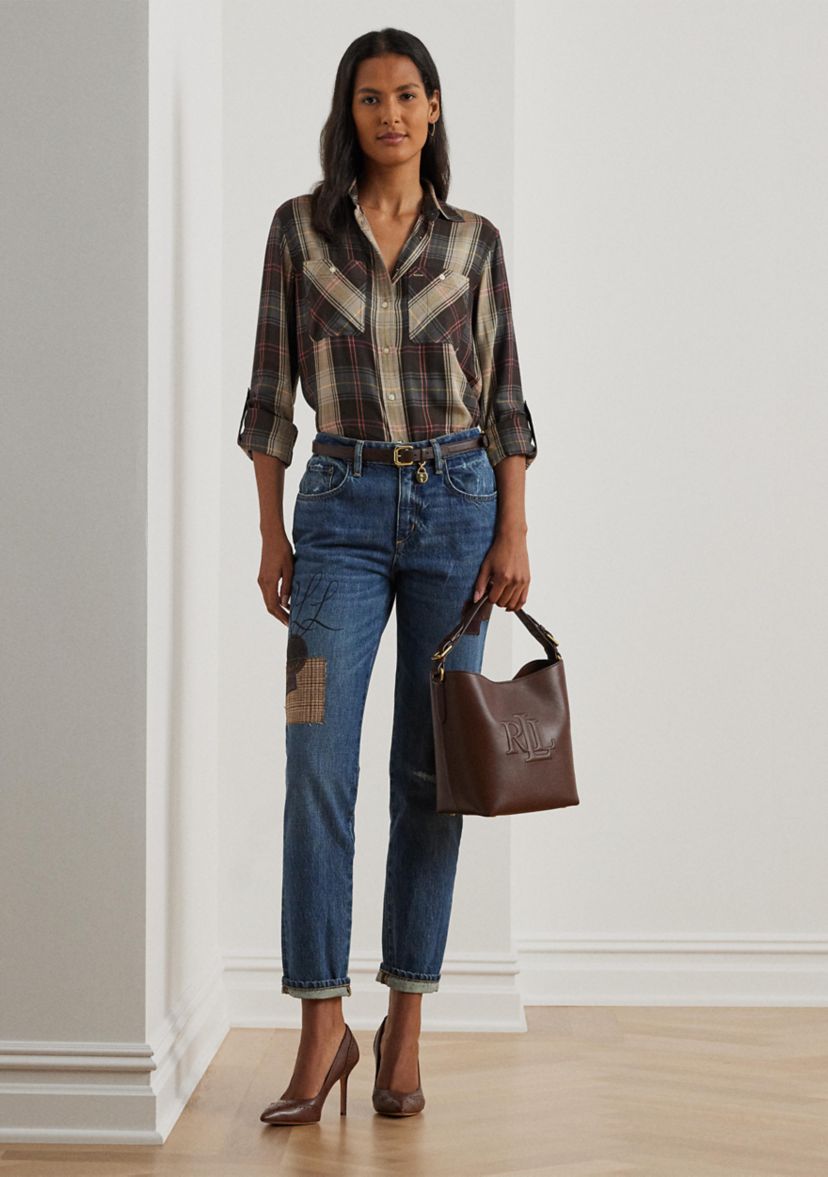 Relaxed Fit Plaid Roll Tab Sleeve Shirt