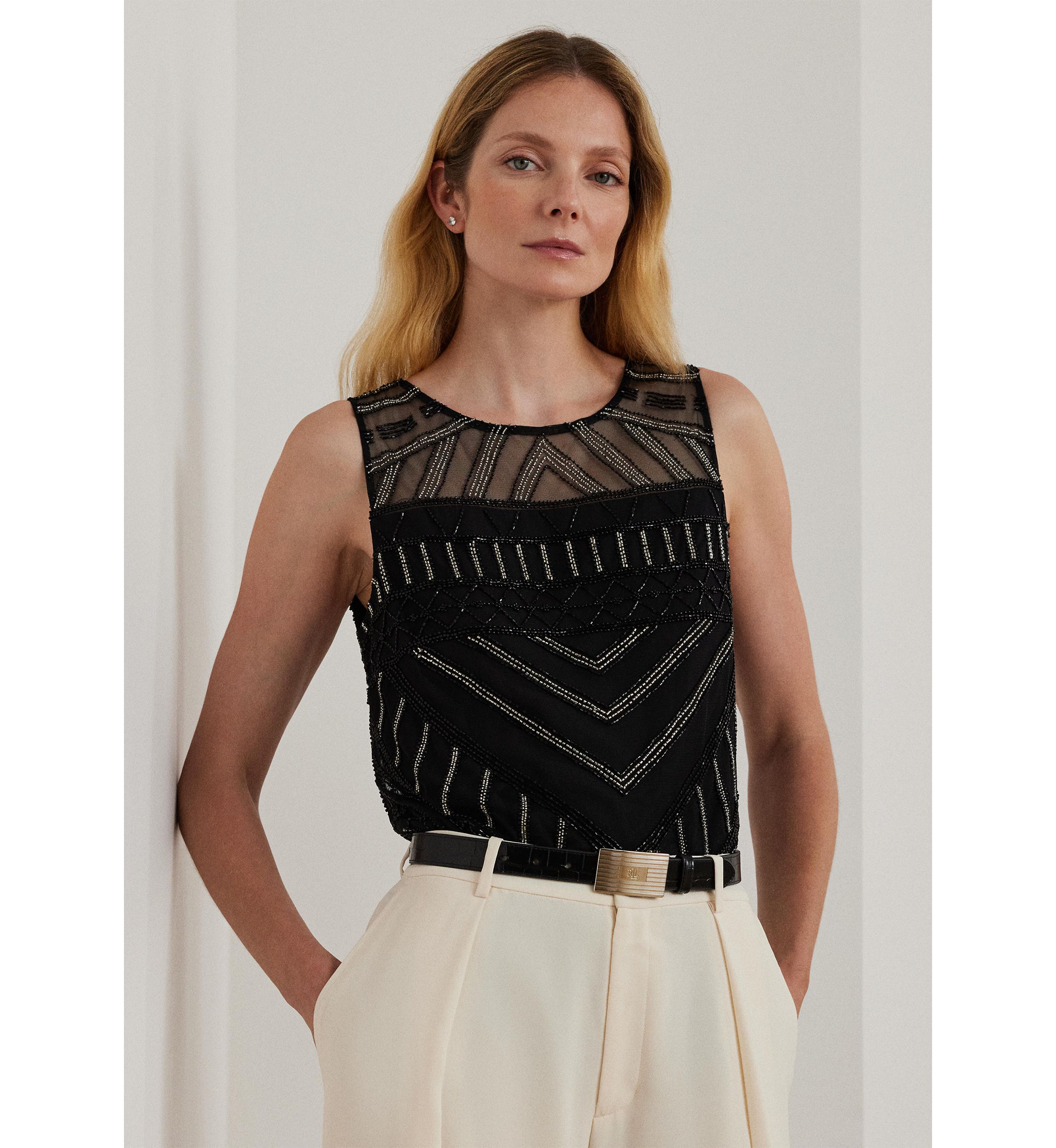 Beaded Mesh Sleeveless Top