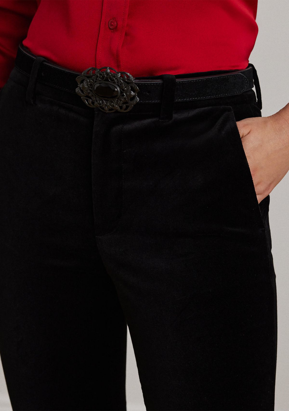 High Rise Stretch Velvet Bootcut Trouser Pants