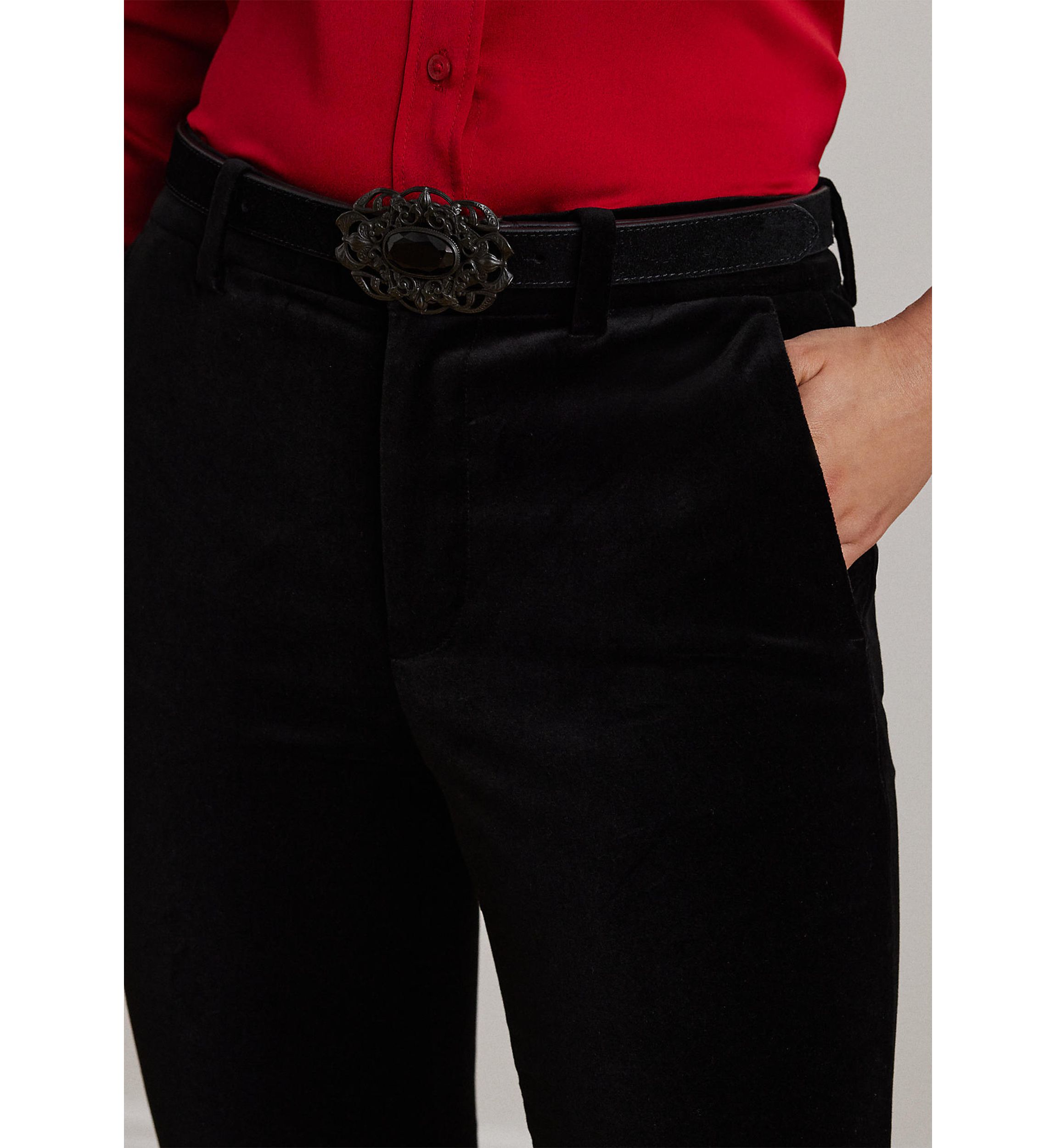 High Rise Stretch Velvet Bootcut Trouser Pants