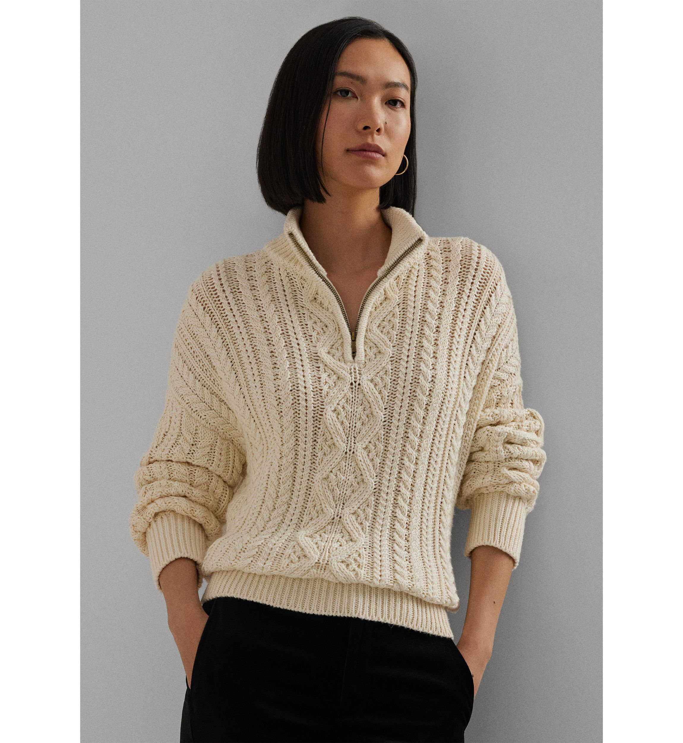 Womens Aran-Knit Cotton Quarter-Zip Pullover
