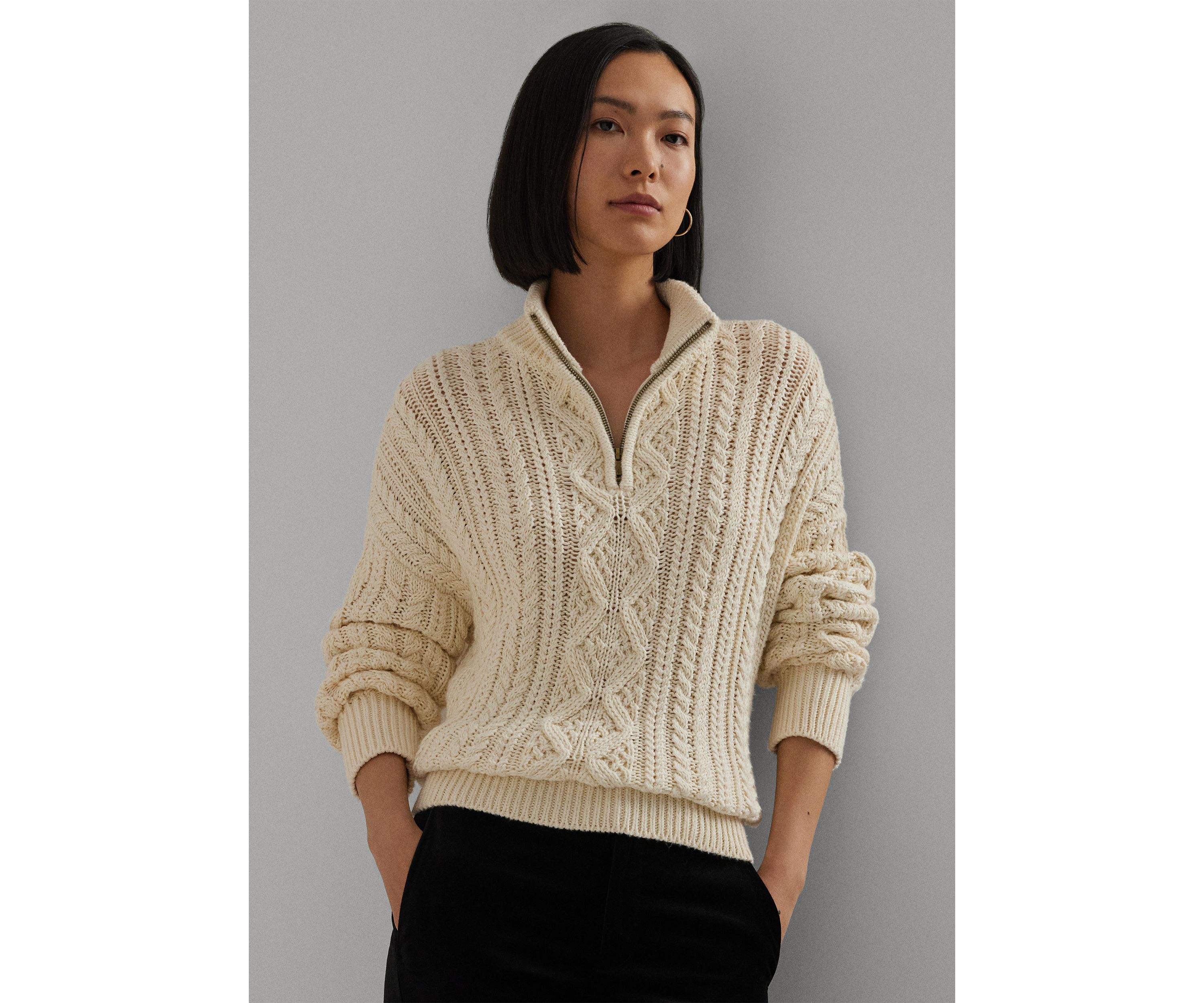 Womens Aran-Knit Cotton Quarter-Zip Pullover