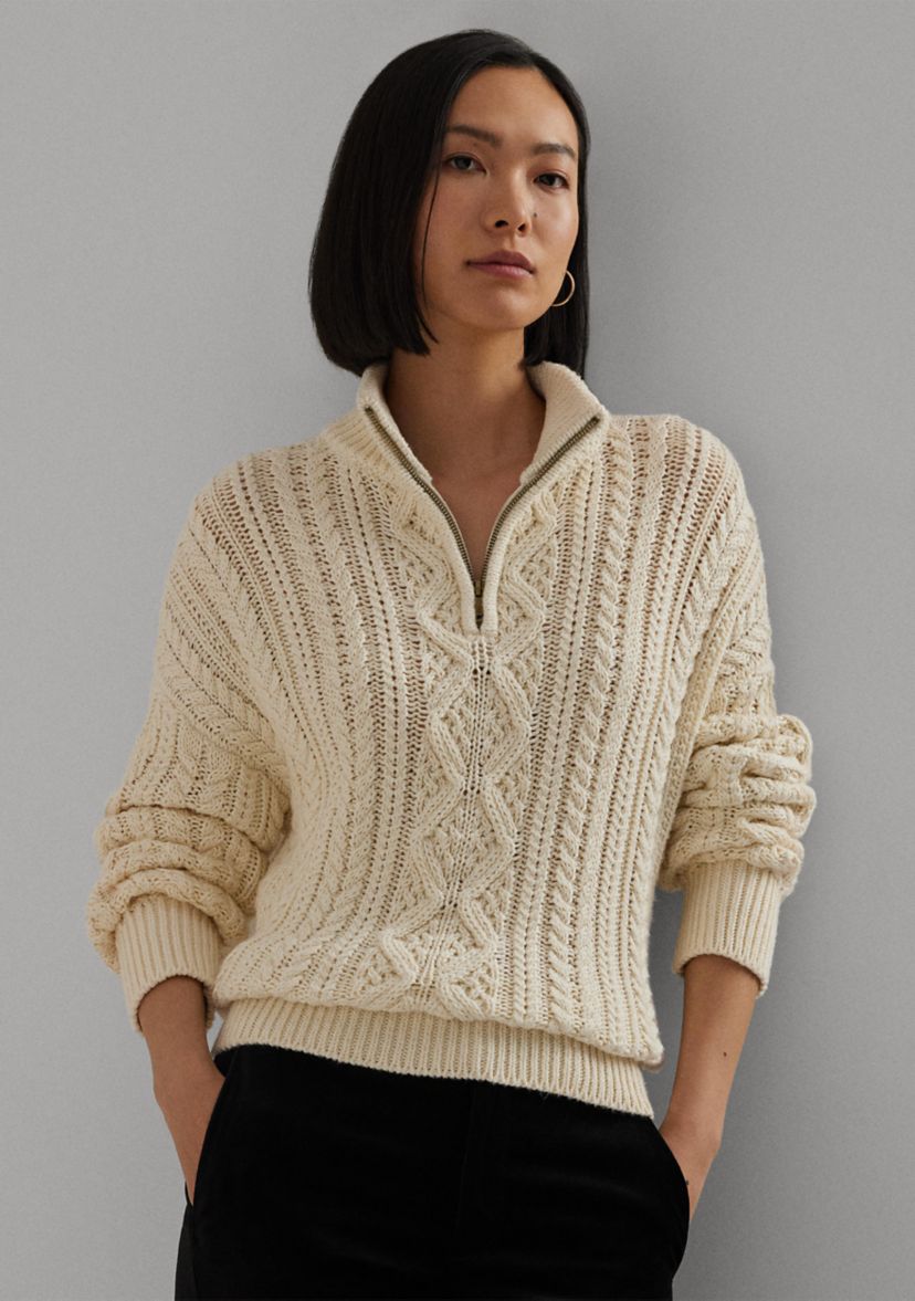 Womens Aran-Knit Cotton Quarter-Zip Pullover