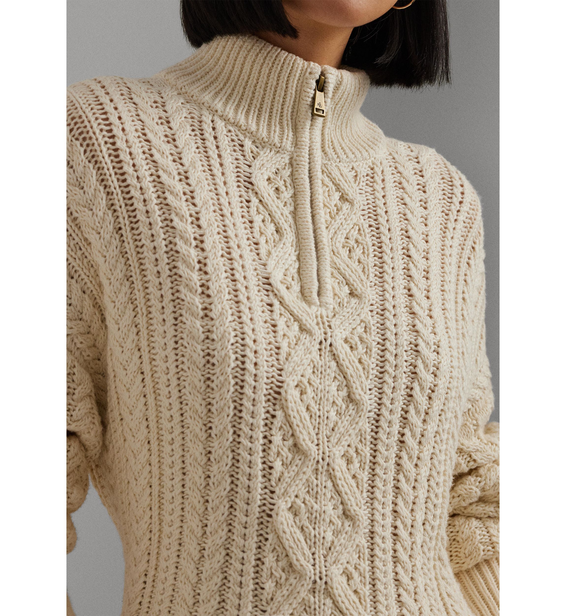 Womens Aran-Knit Cotton Quarter-Zip Pullover
