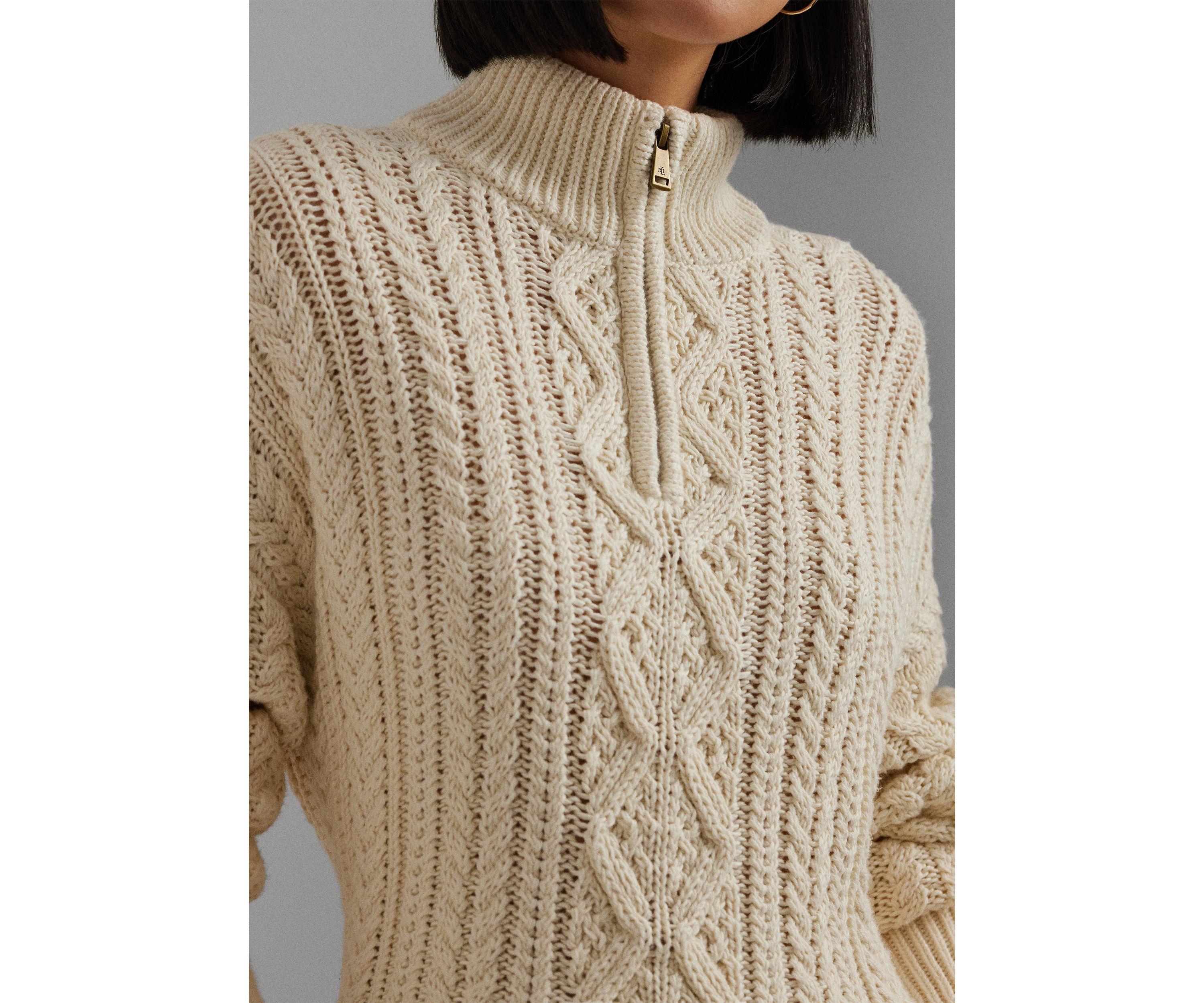 Womens Aran-Knit Cotton Quarter-Zip Pullover