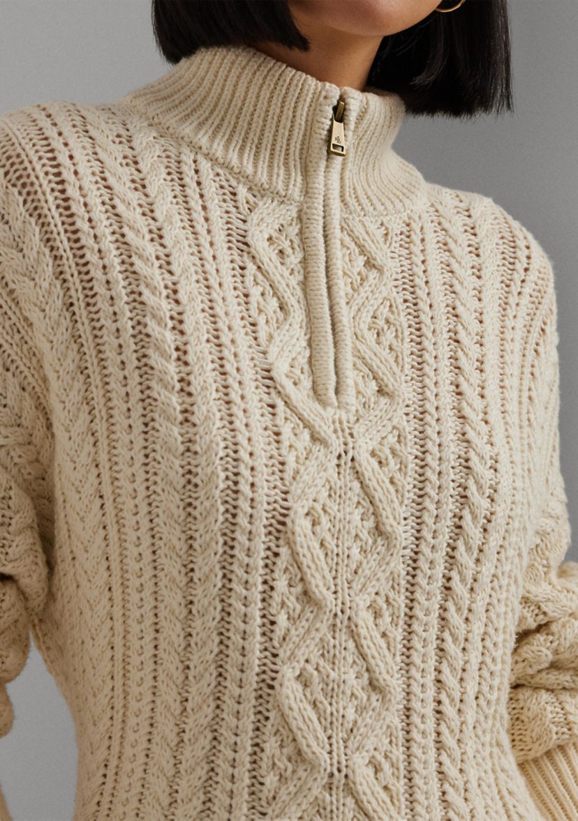 Womens Aran-Knit Cotton Quarter-Zip Pullover