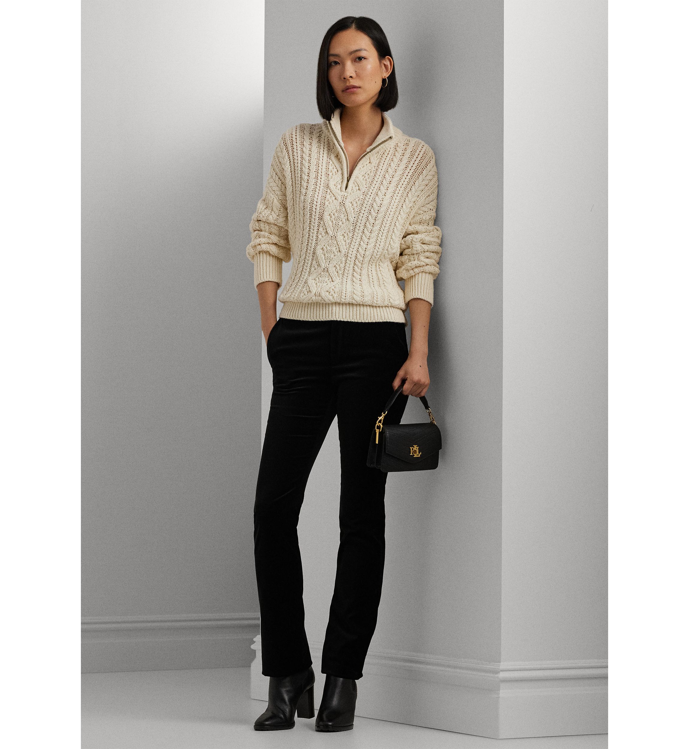 Womens Aran-Knit Cotton Quarter-Zip Pullover