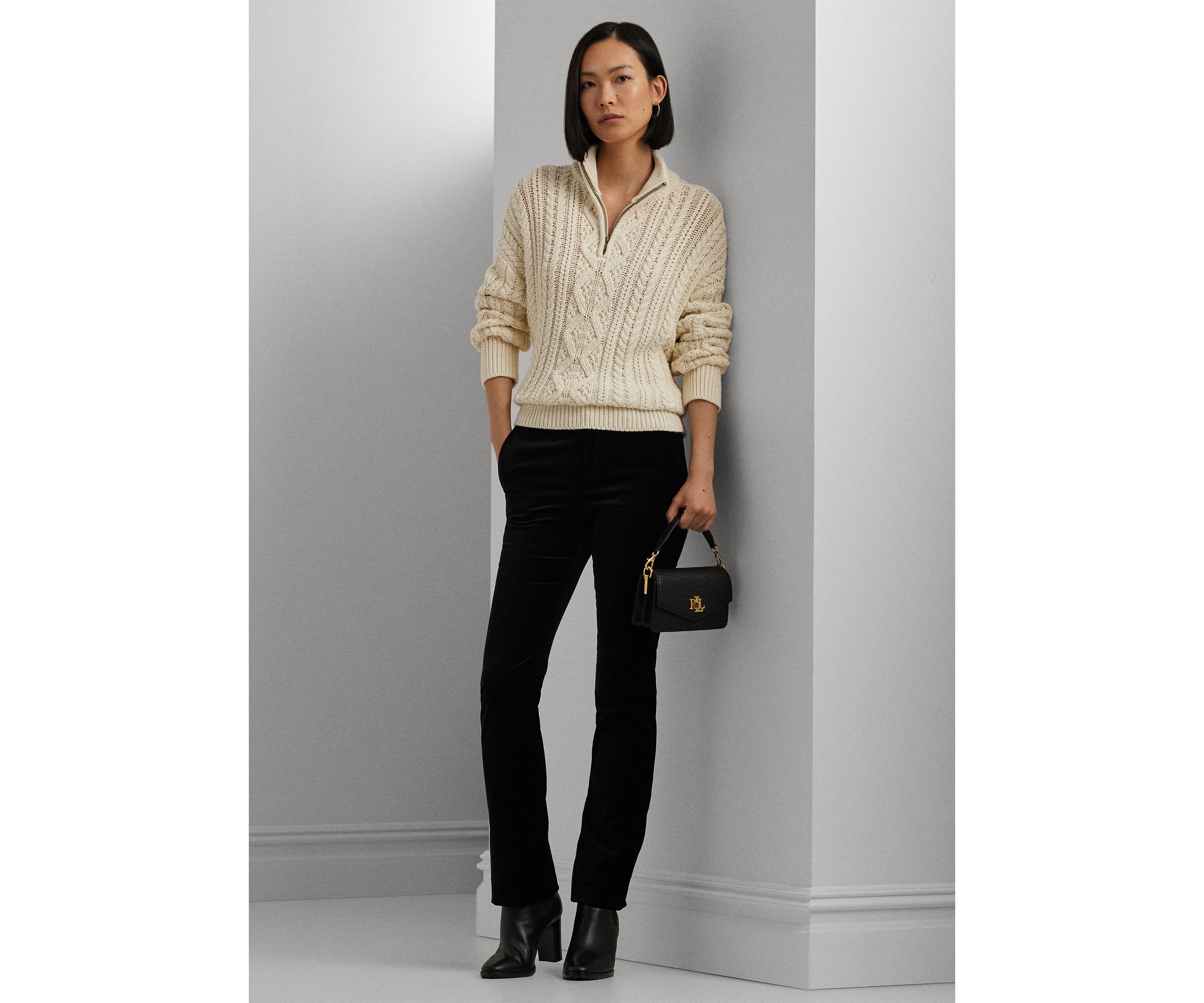 Womens Aran-Knit Cotton Quarter-Zip Pullover