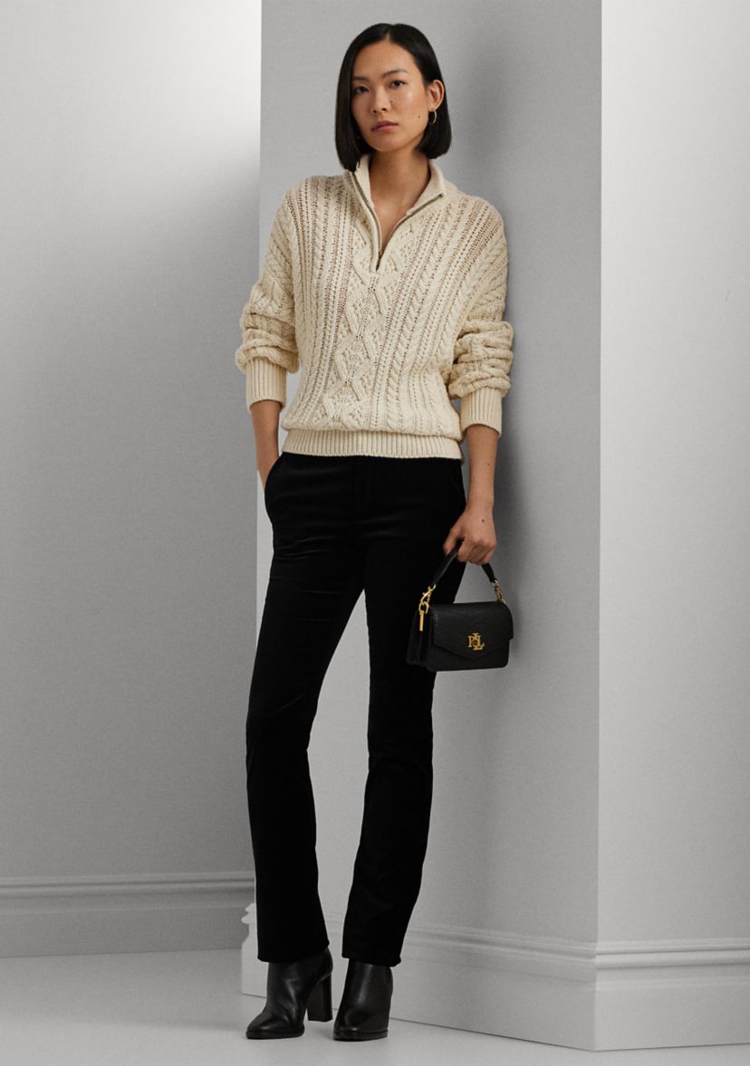 Womens Aran-Knit Cotton Quarter-Zip Pullover