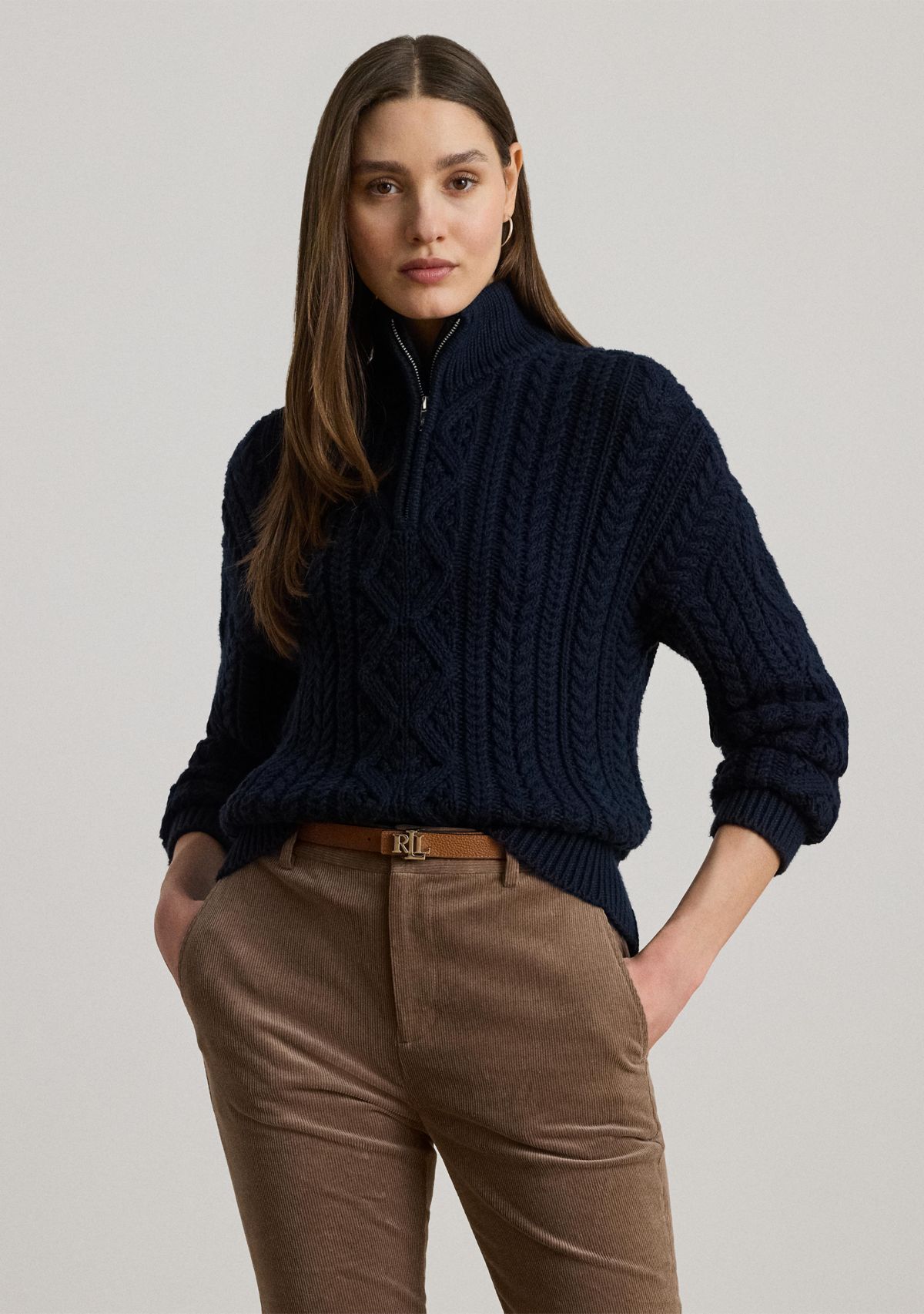 Womens Aran-Knit Cotton Quarter-Zip Pullover