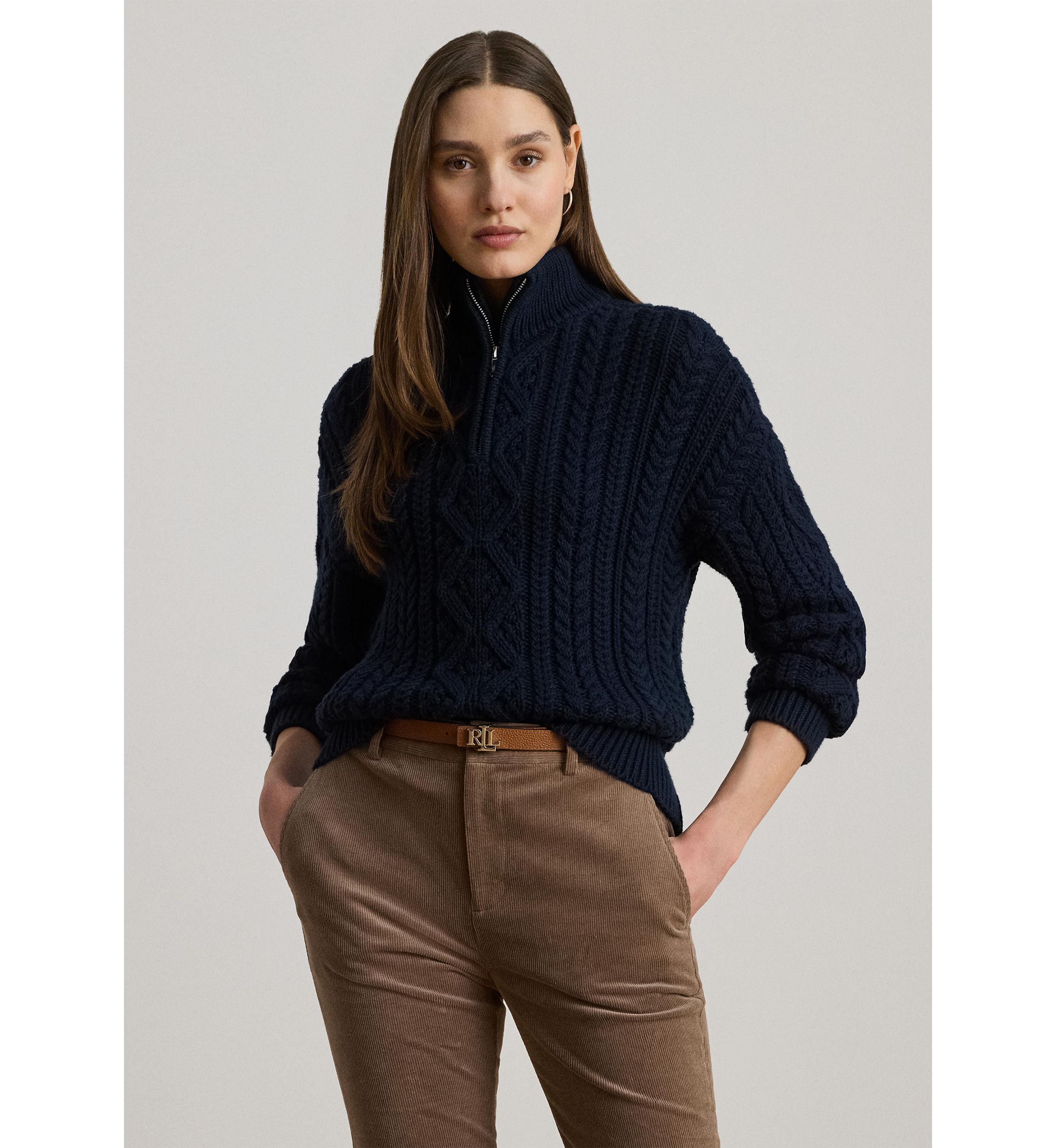 Womens Aran-Knit Cotton Quarter-Zip Pullover