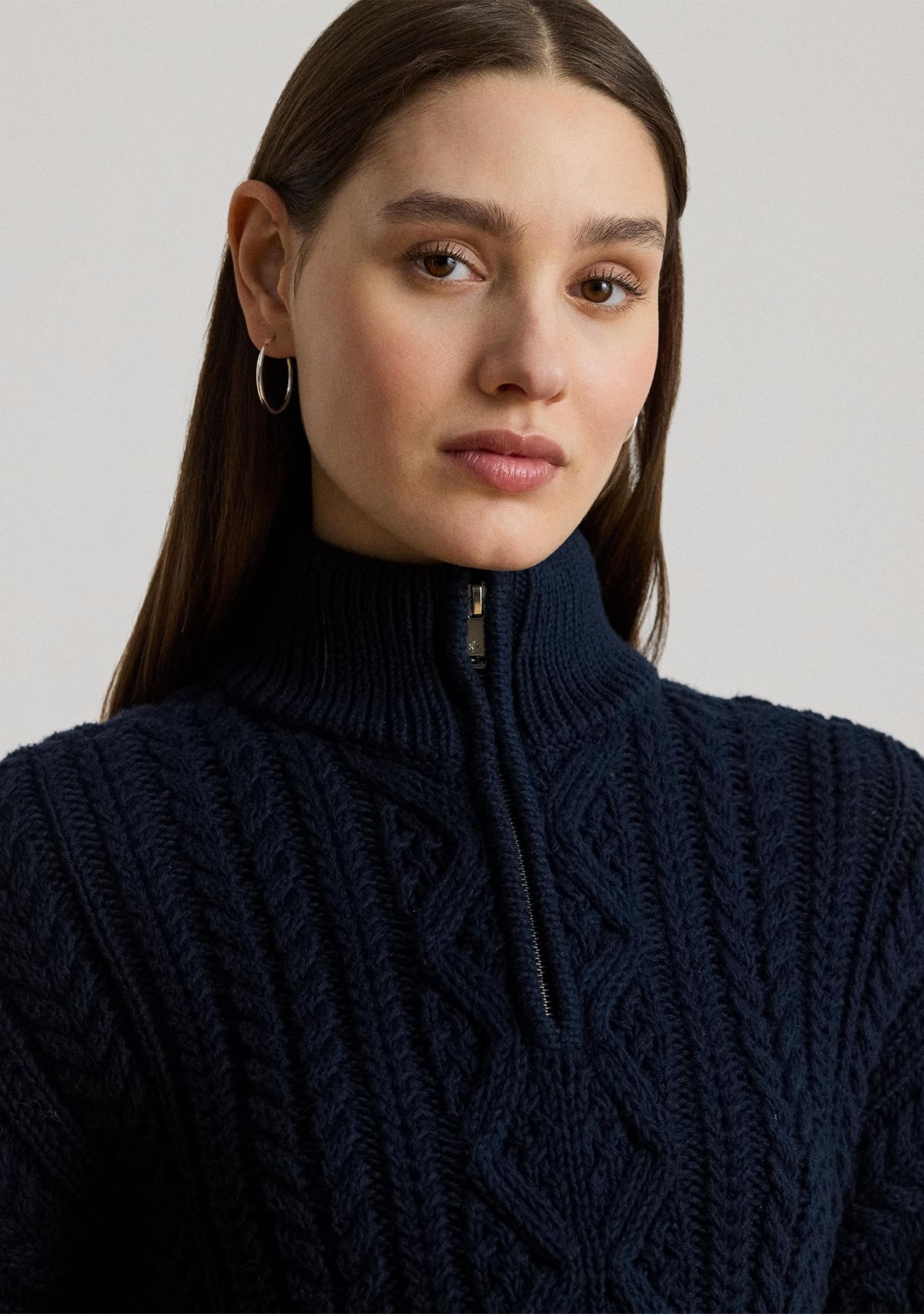 Womens Aran-Knit Cotton Quarter-Zip Pullover