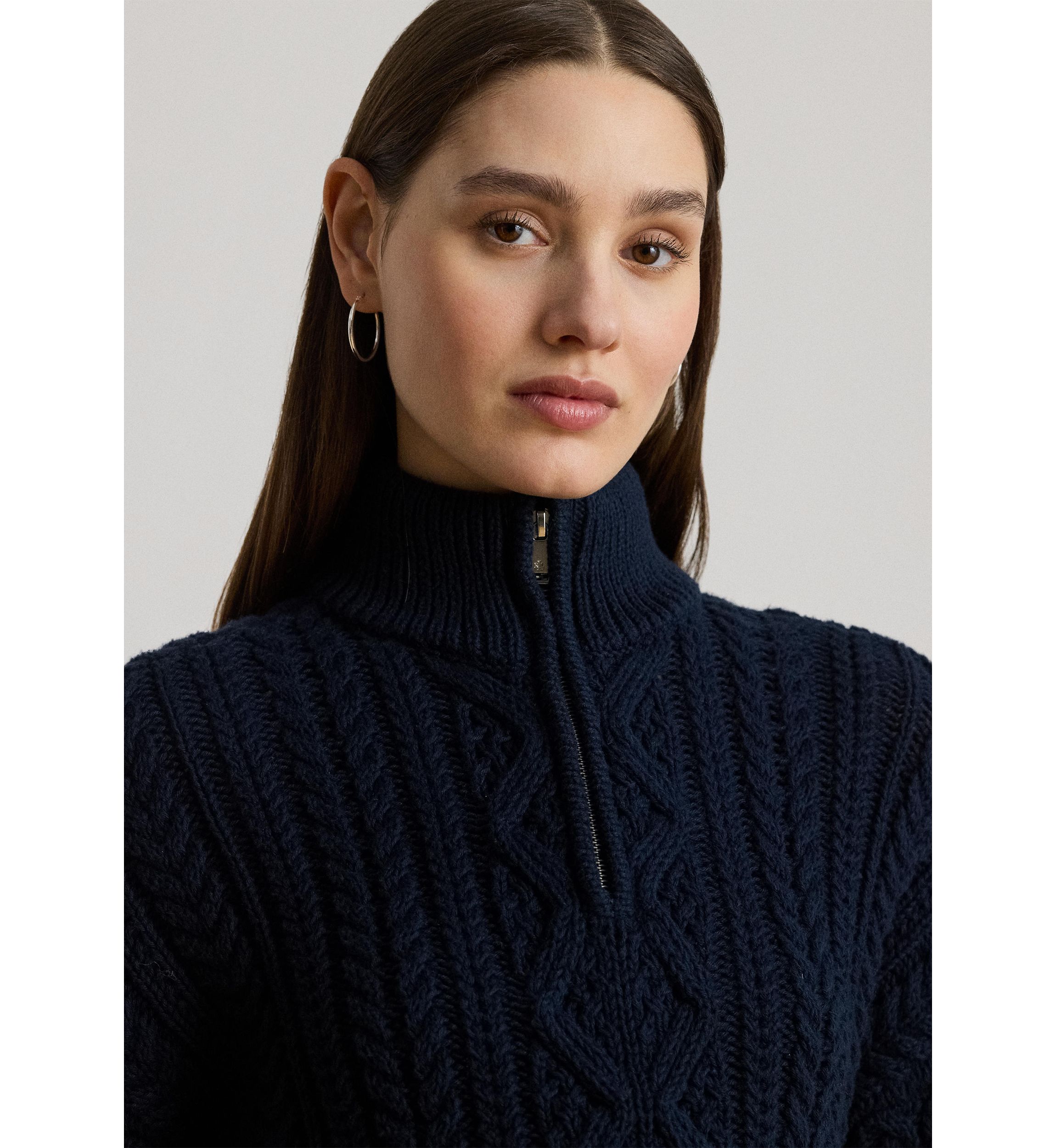 Womens Aran-Knit Cotton Quarter-Zip Pullover