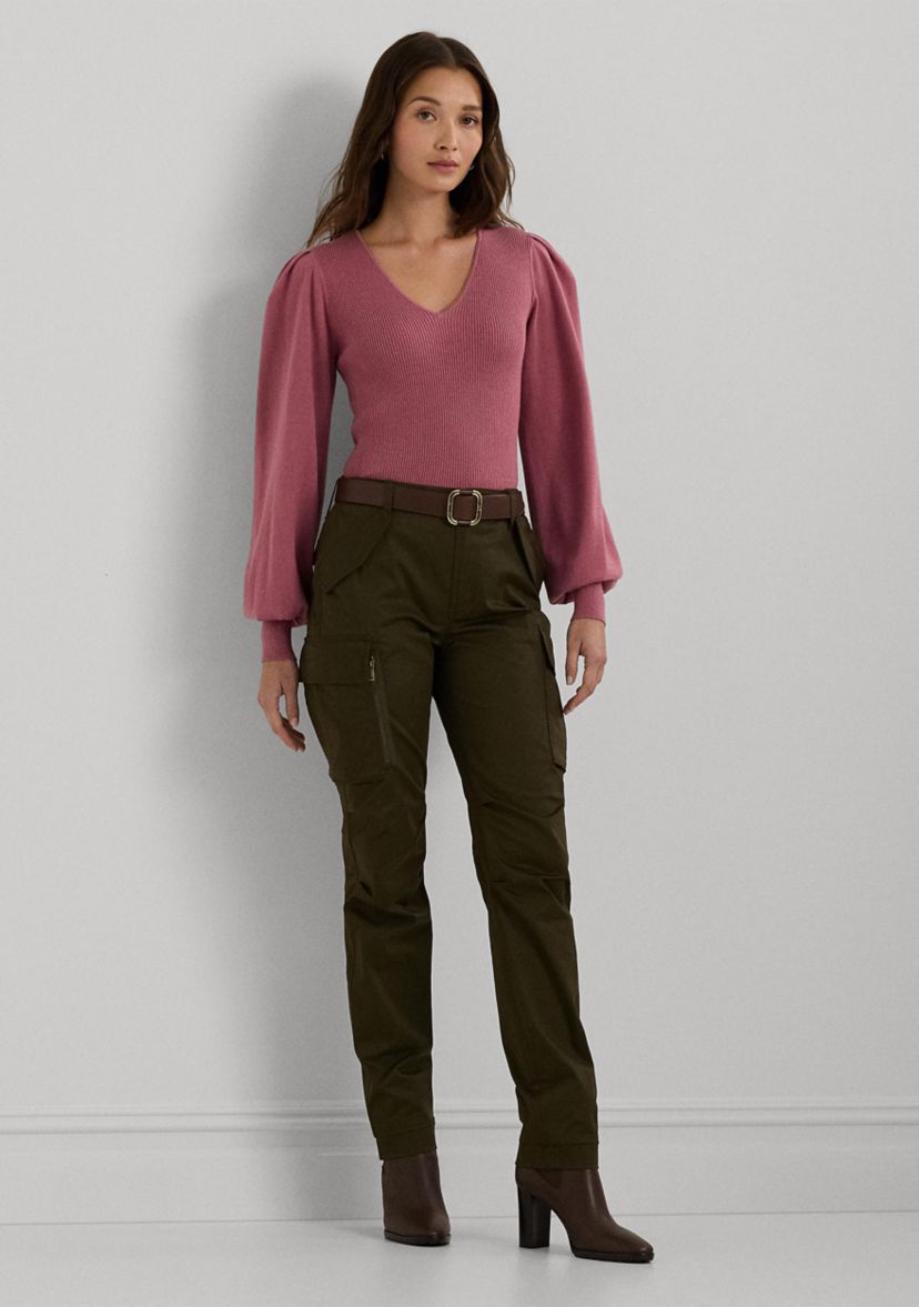 Womens Cotton-Blend Blouson-Sleeve Sweater
