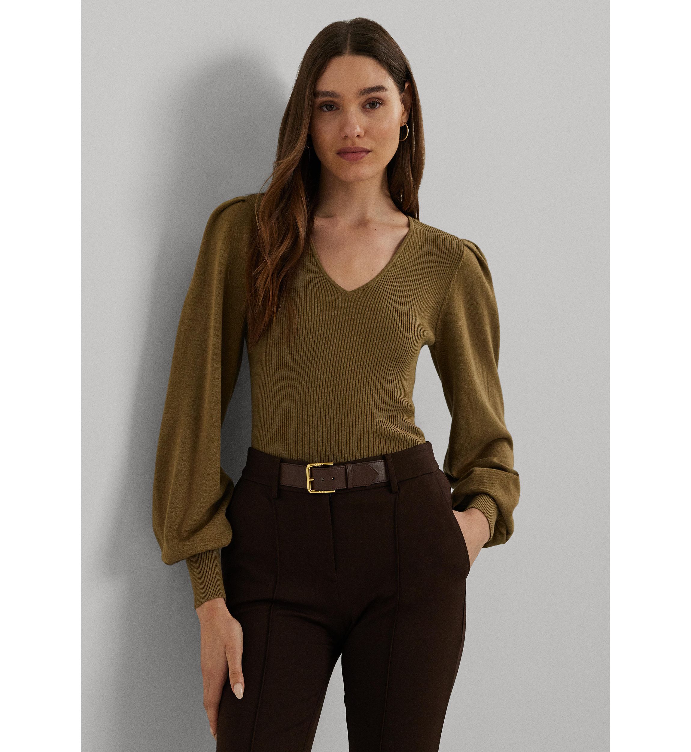 Womens Cotton-Blend Blouson-Sleeve Sweater