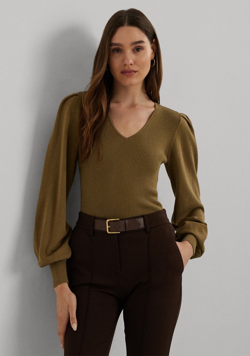 Womens Cotton-Blend Blouson-Sleeve Sweater