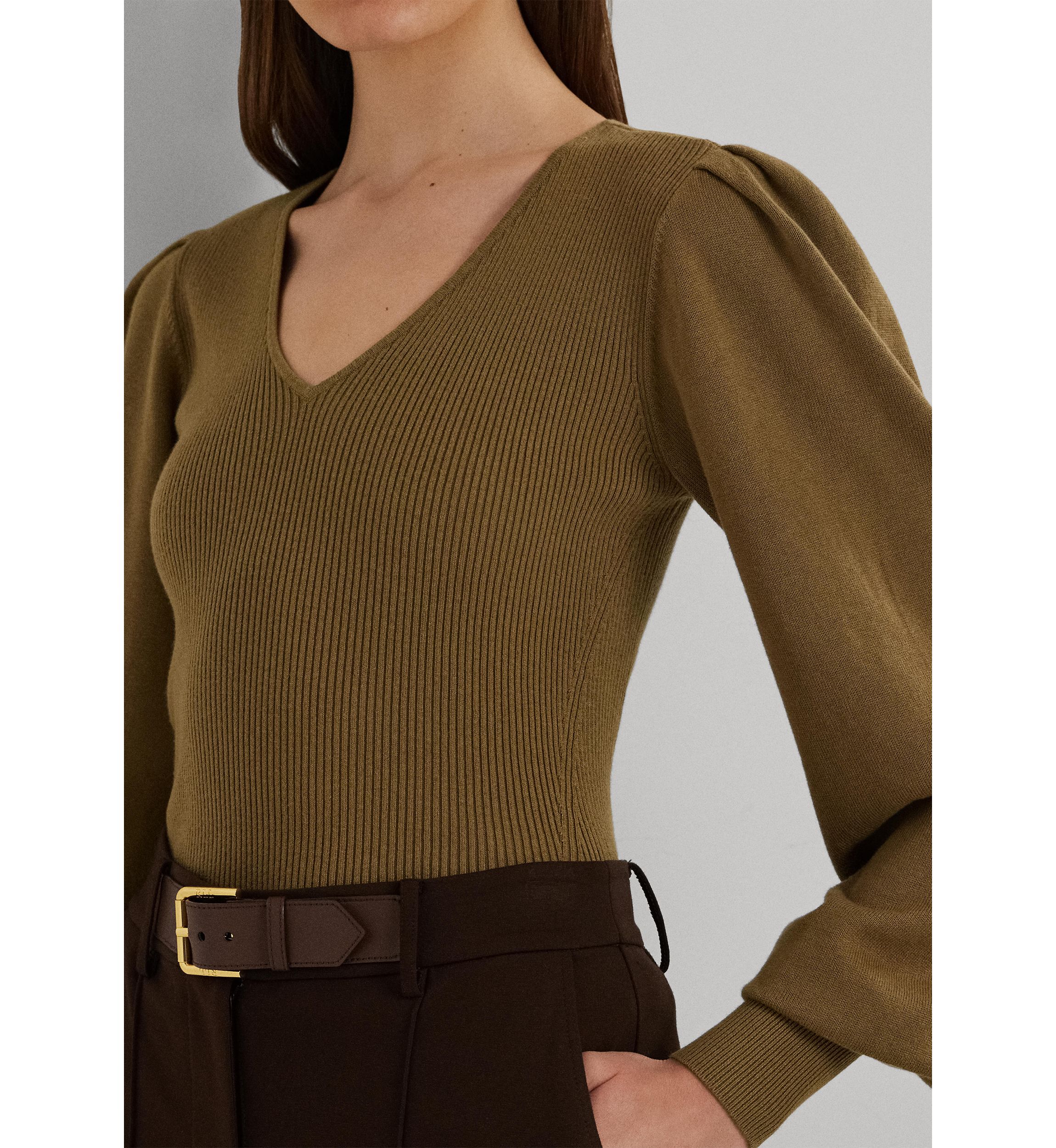 Womens Cotton-Blend Blouson-Sleeve Sweater
