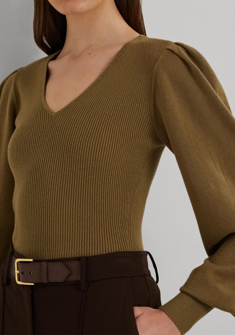 Womens Cotton-Blend Blouson-Sleeve Sweater