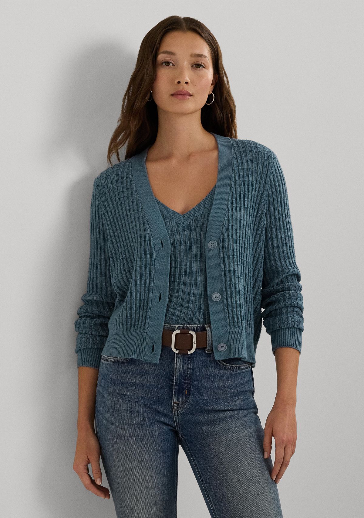 Womens Cotton-Blend Cropped Cardigan