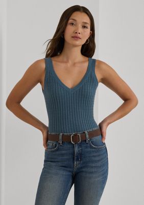 Lauren Ralph Lauren Women's Cotton-Blend Cropped Sweater Tank Top, Blue, XL