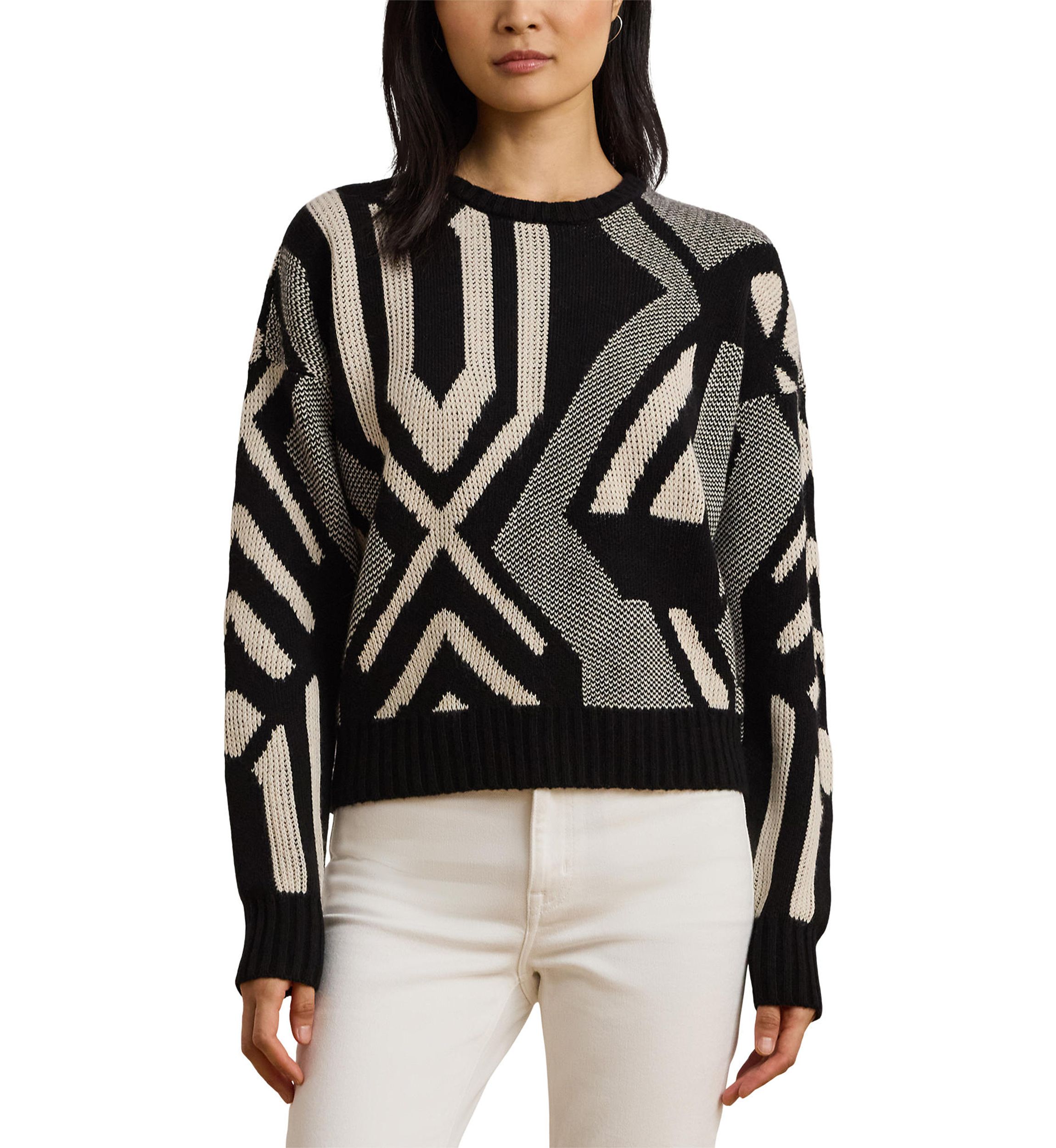 Womens Geo-Motif Crew Neck Sweater