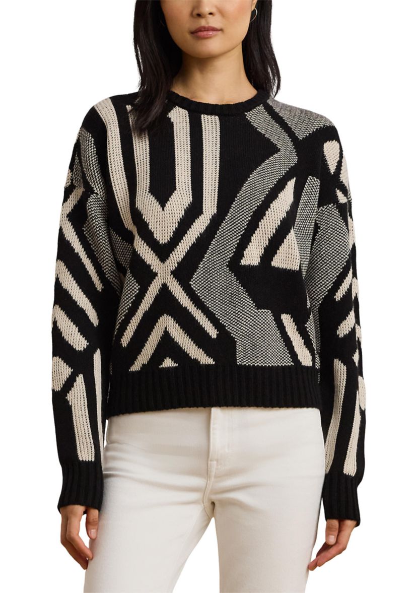 Womens Geo-Motif Crew Neck Sweater