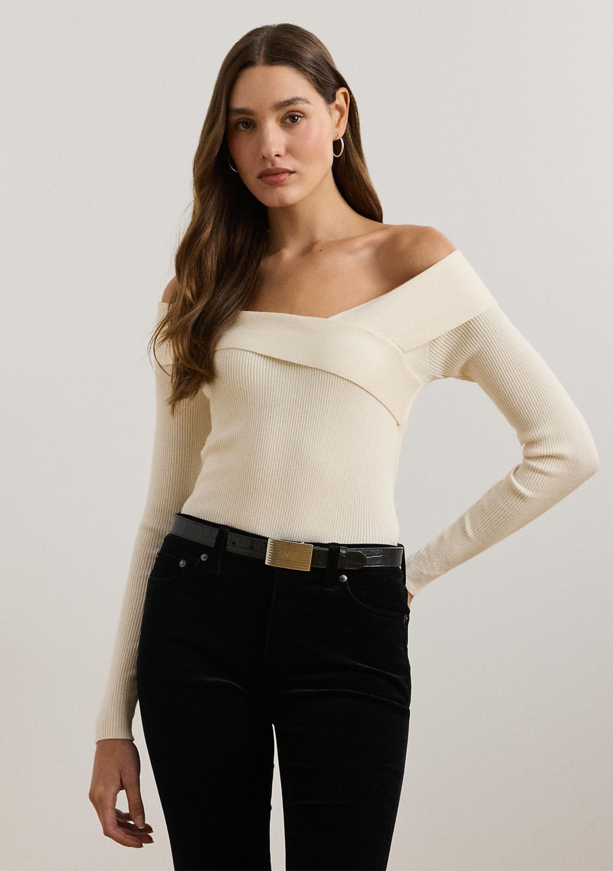 Womens Rib-Knit Off-the-Shoulder Sweater