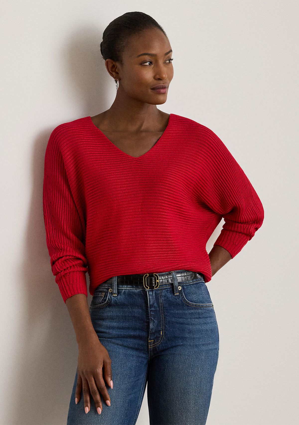 Womens Rib-Knit Dolman-Sleeve Sweater