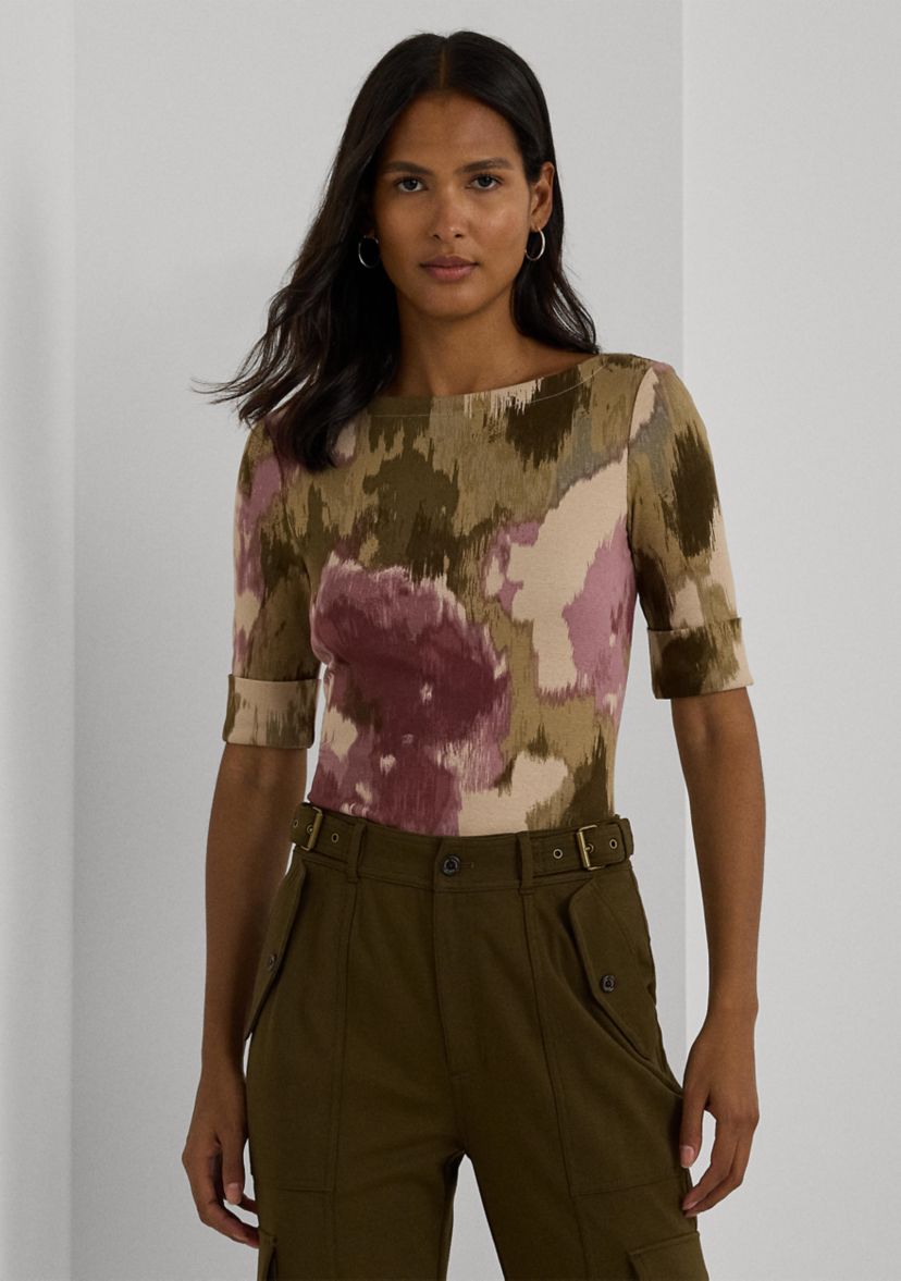 Womens Floral Stretch Cotton Boat Neck T-Shirt