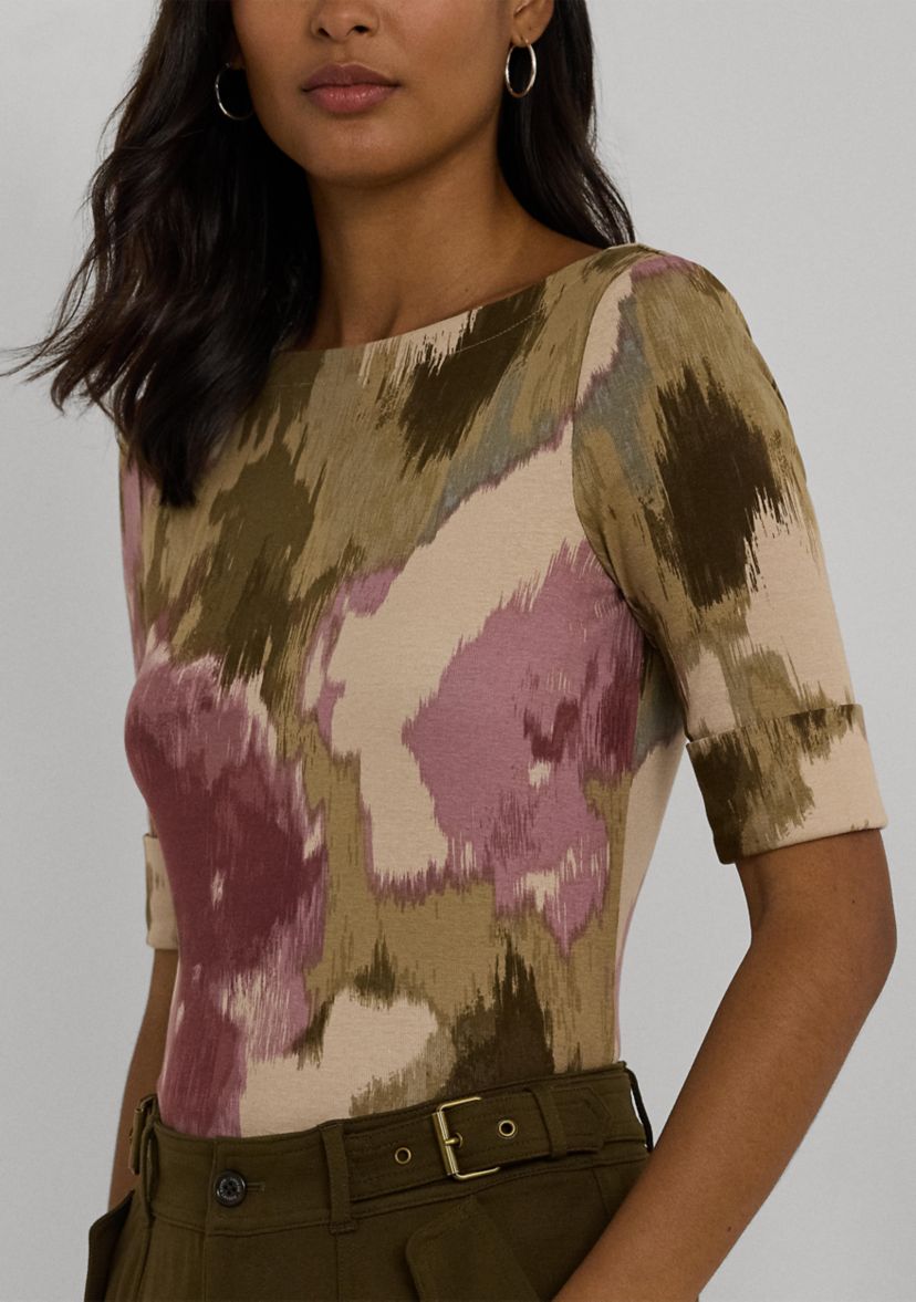 Womens Floral Stretch Cotton Boat Neck T-Shirt