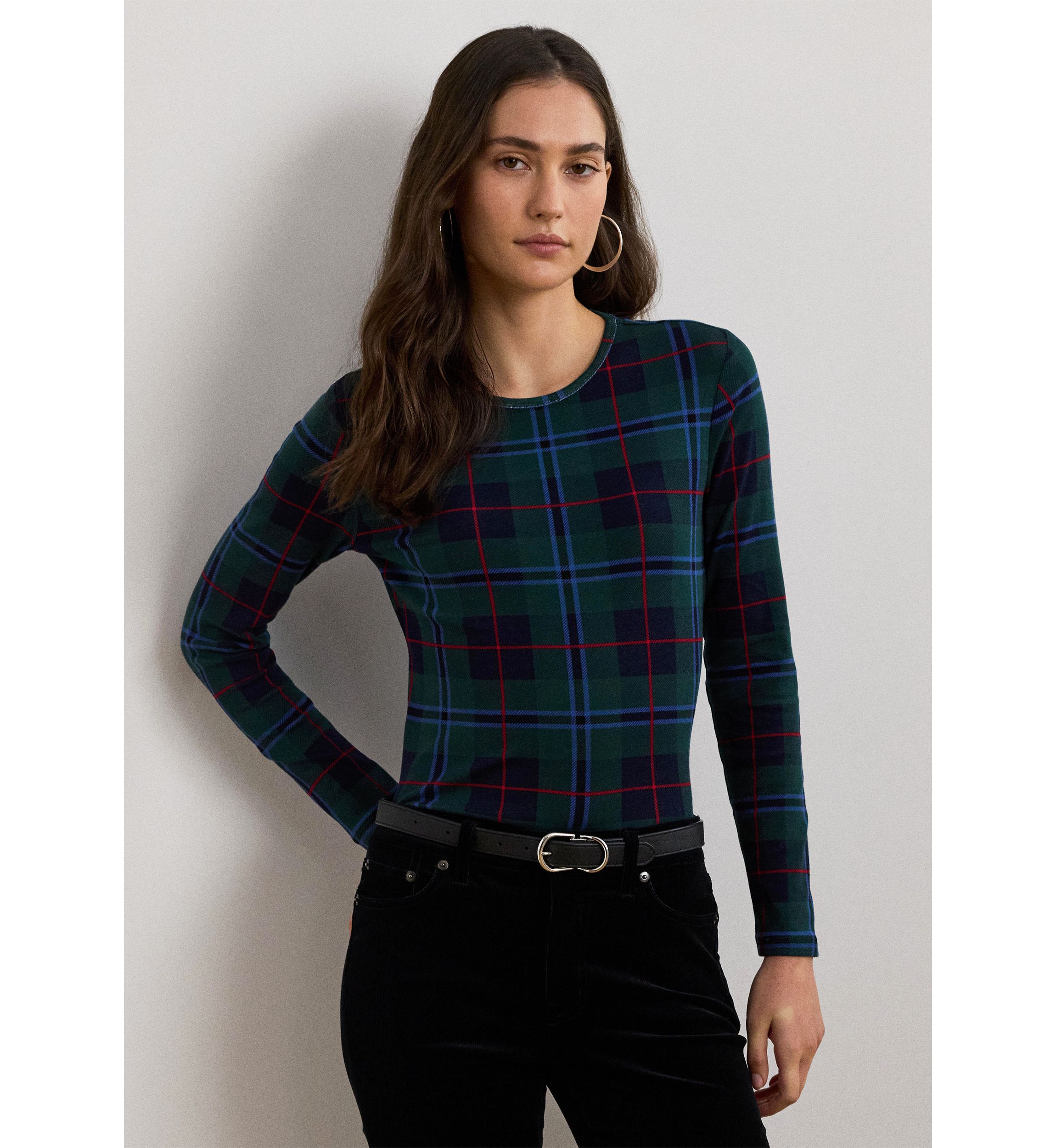 Plaid Stretch Cotton Long Sleeve T-Shirt