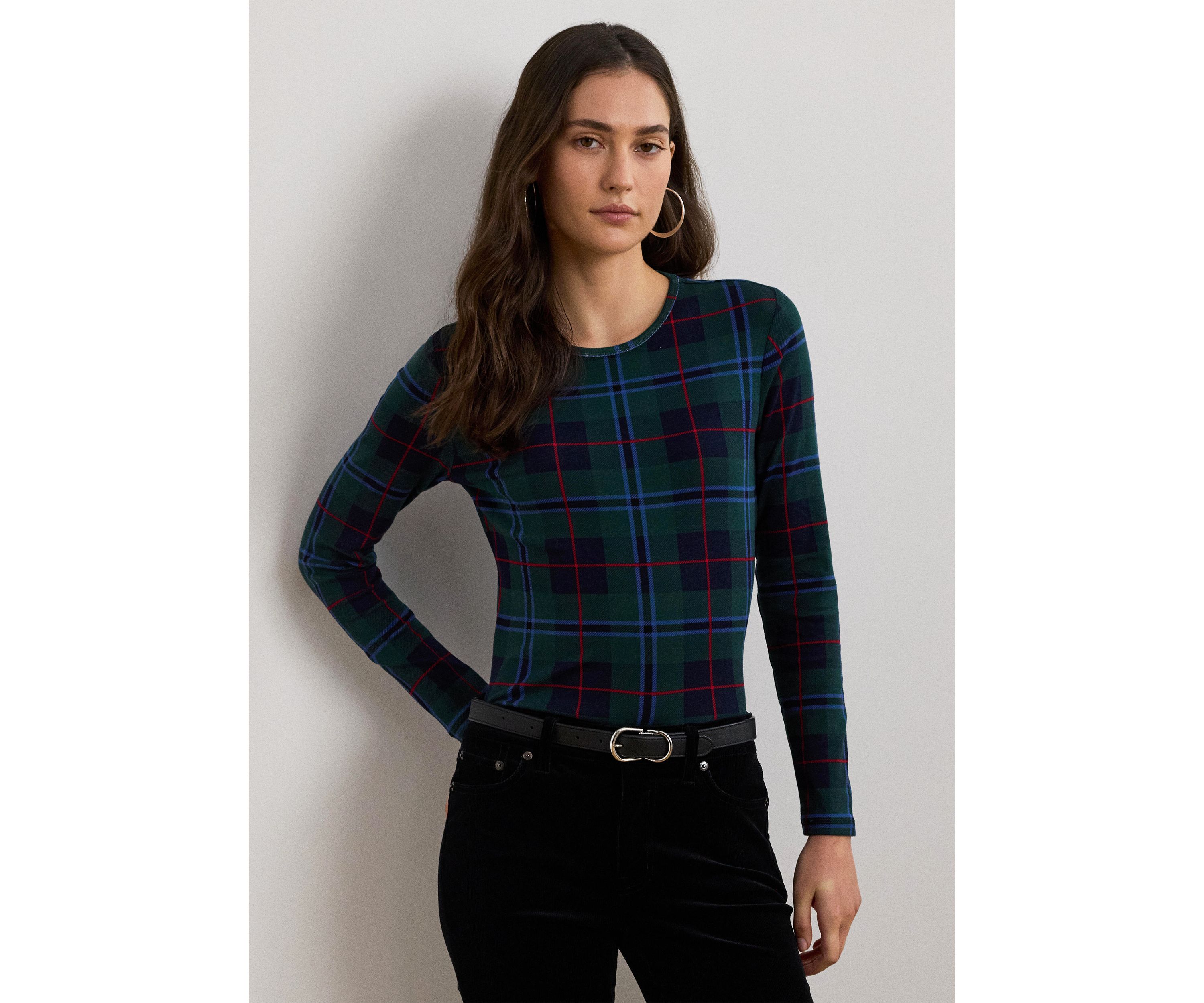 Plaid Stretch Cotton Long Sleeve T-Shirt