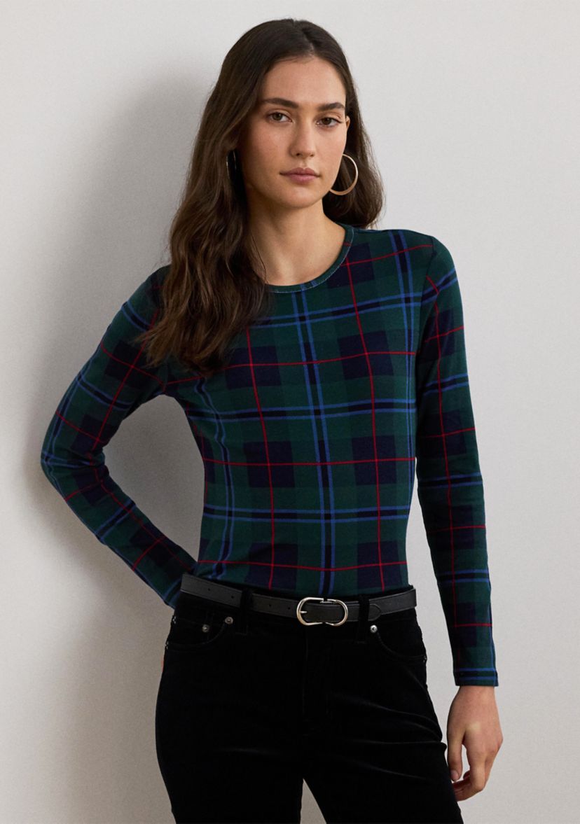 Plaid Stretch Cotton Long Sleeve T-Shirt
