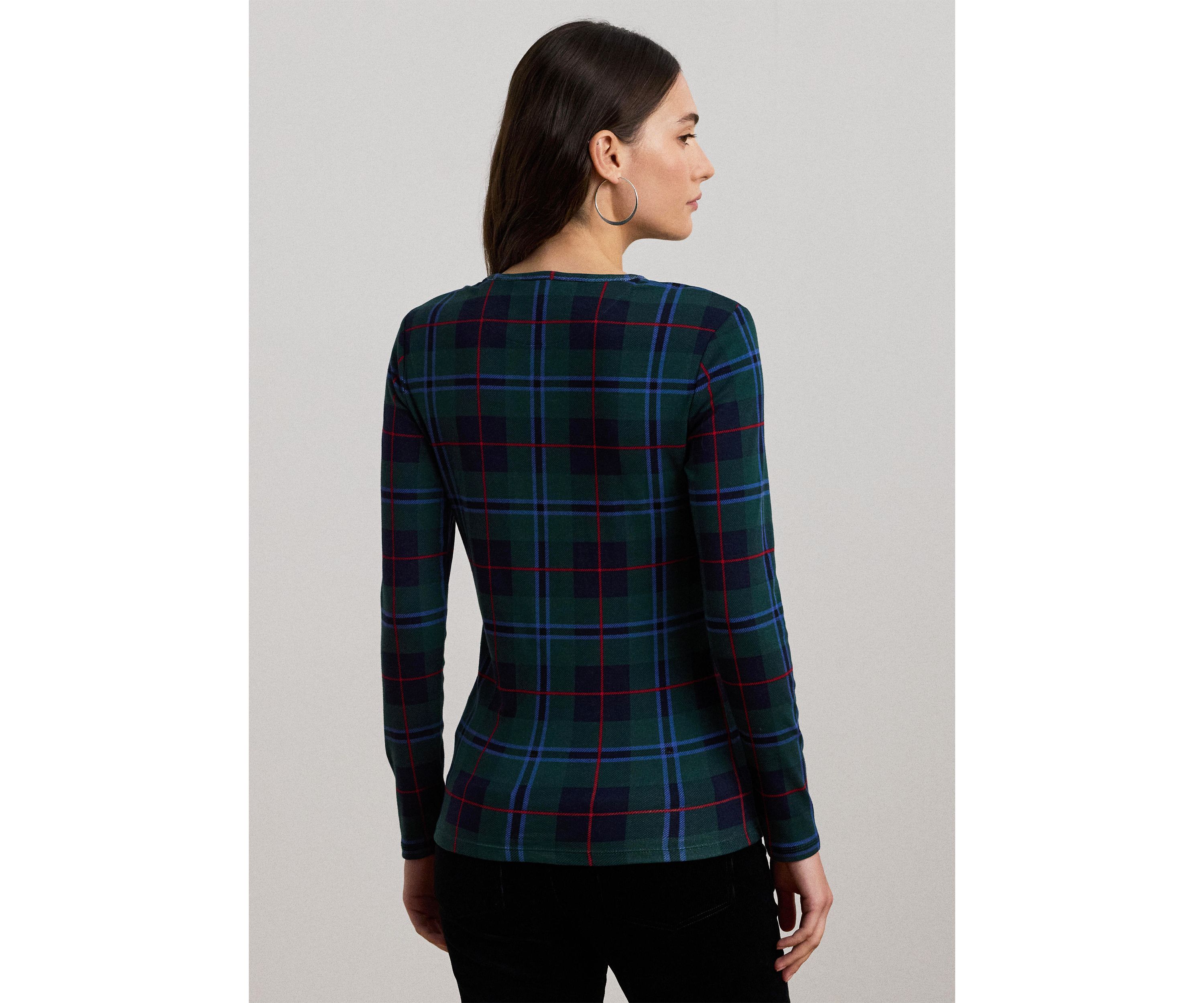 Plaid Stretch Cotton Long Sleeve T-Shirt