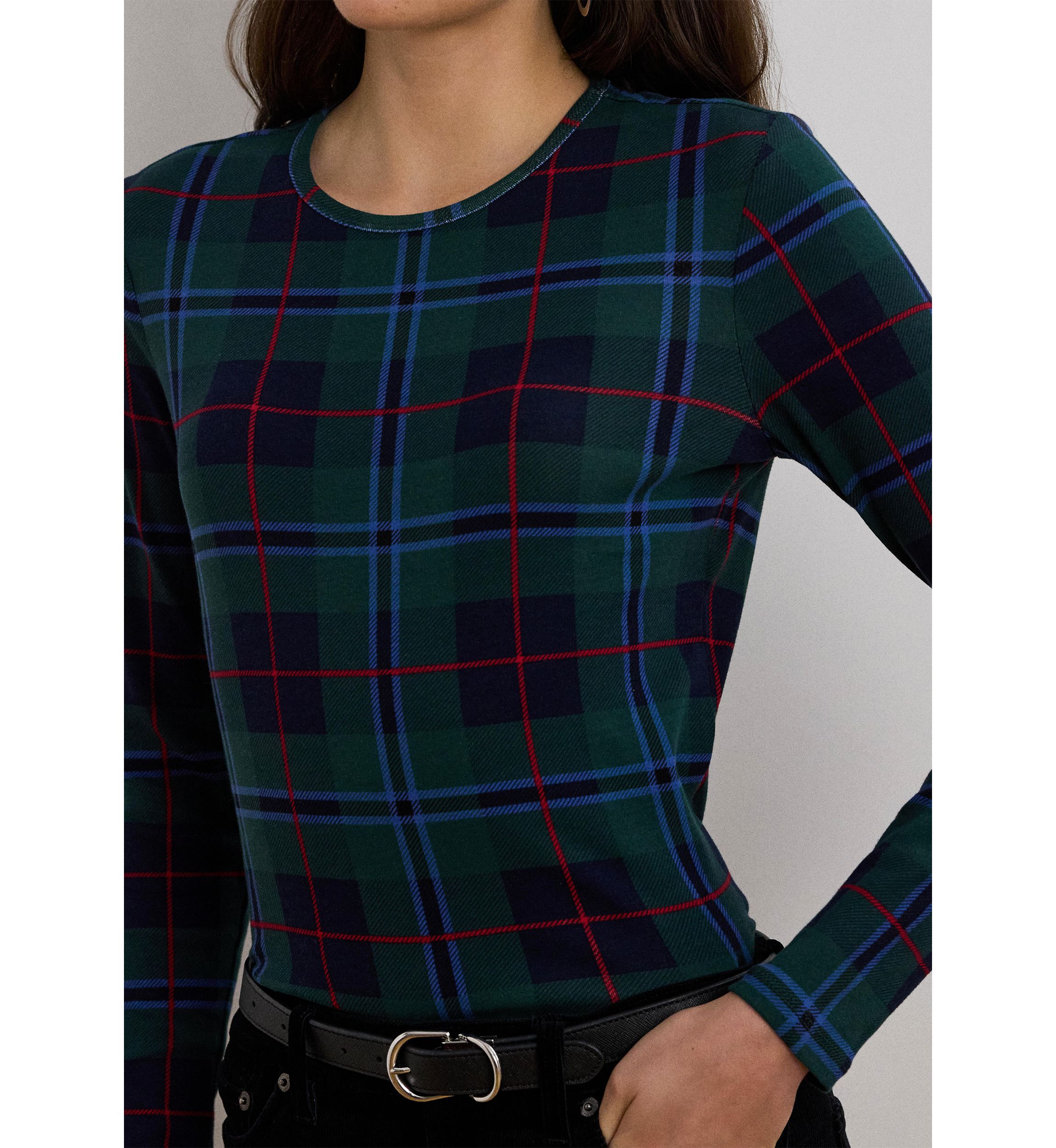 Plaid Stretch Cotton Long Sleeve T-Shirt