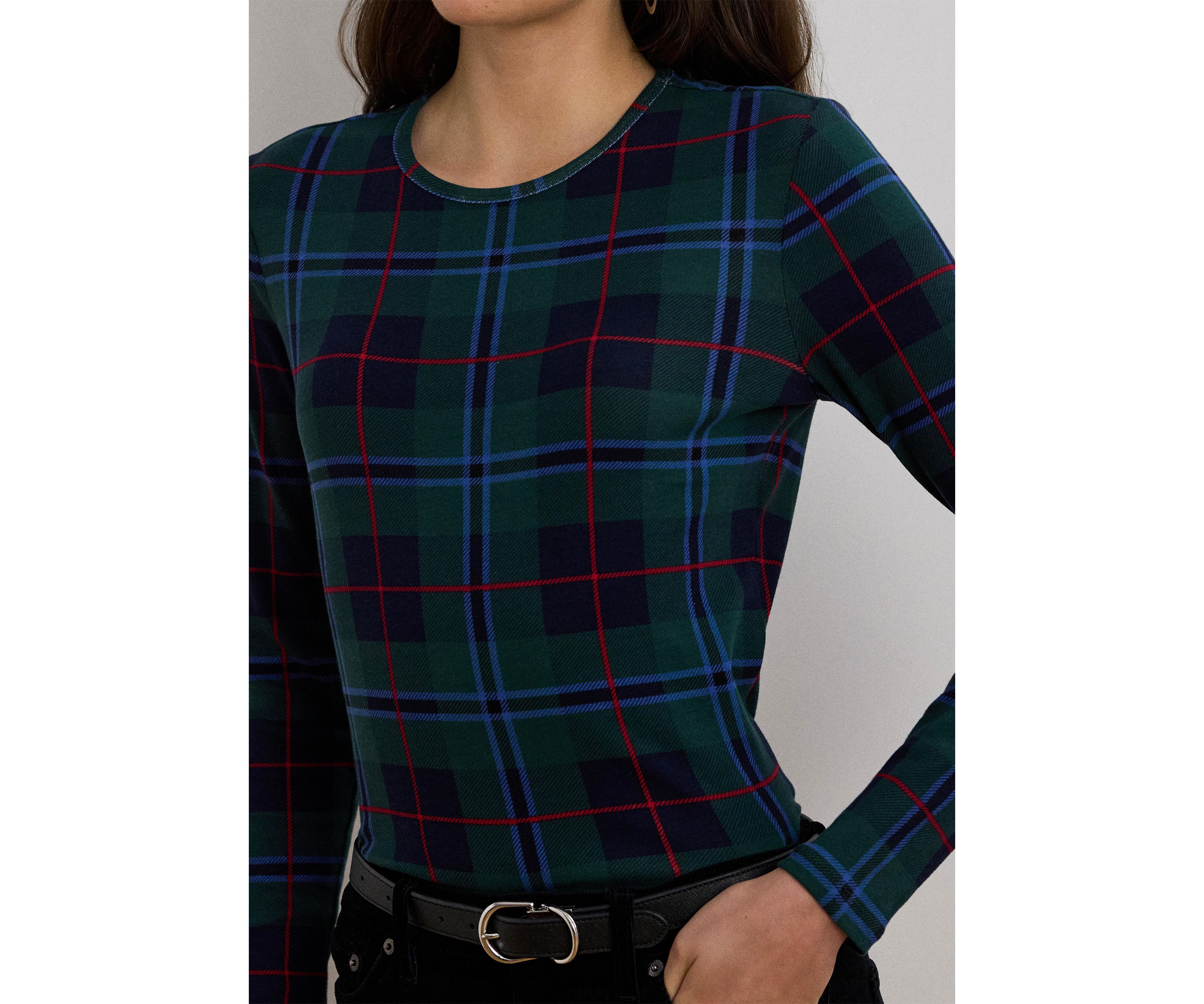 Plaid Stretch Cotton Long Sleeve T-Shirt