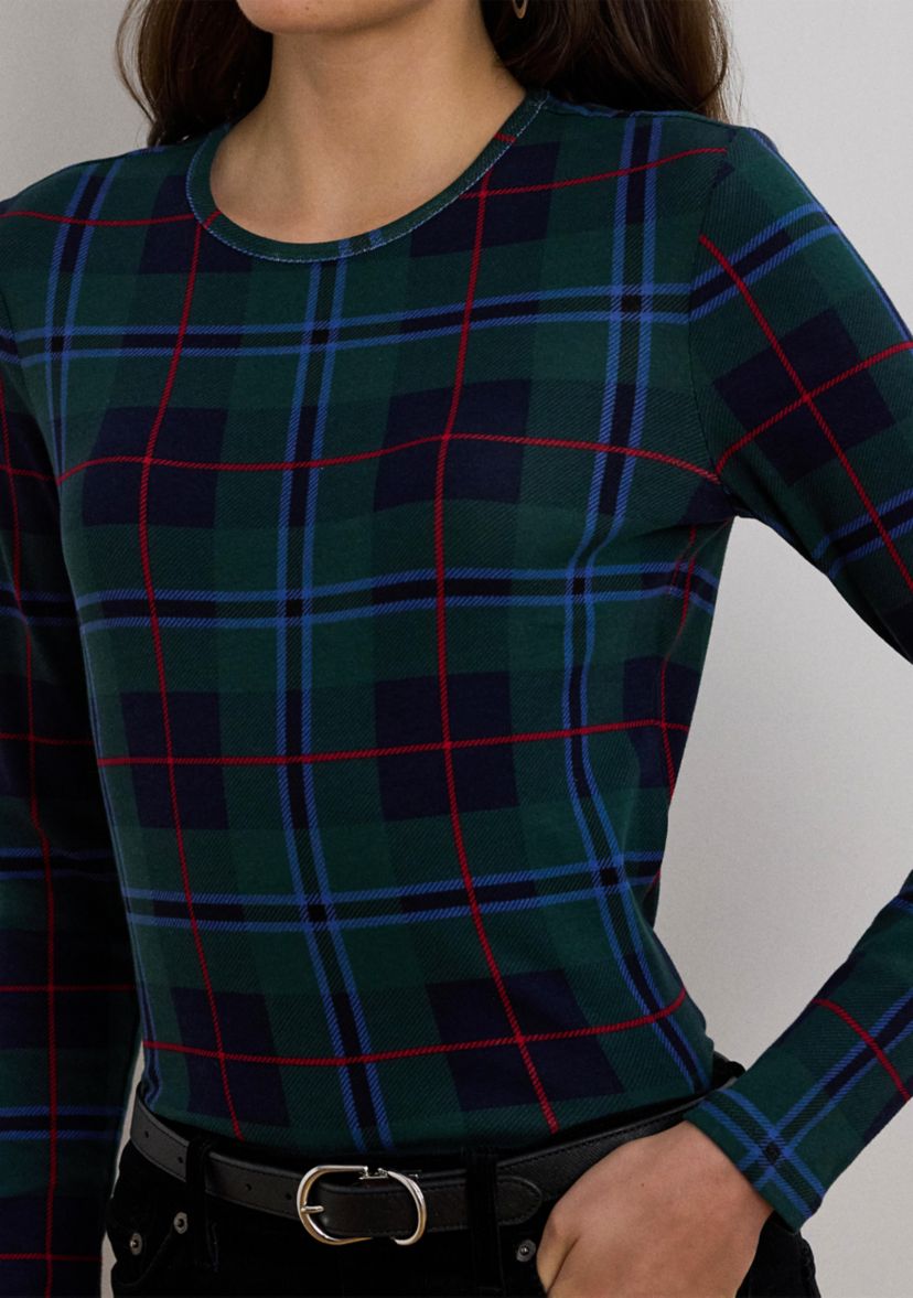Plaid Stretch Cotton Long Sleeve T-Shirt