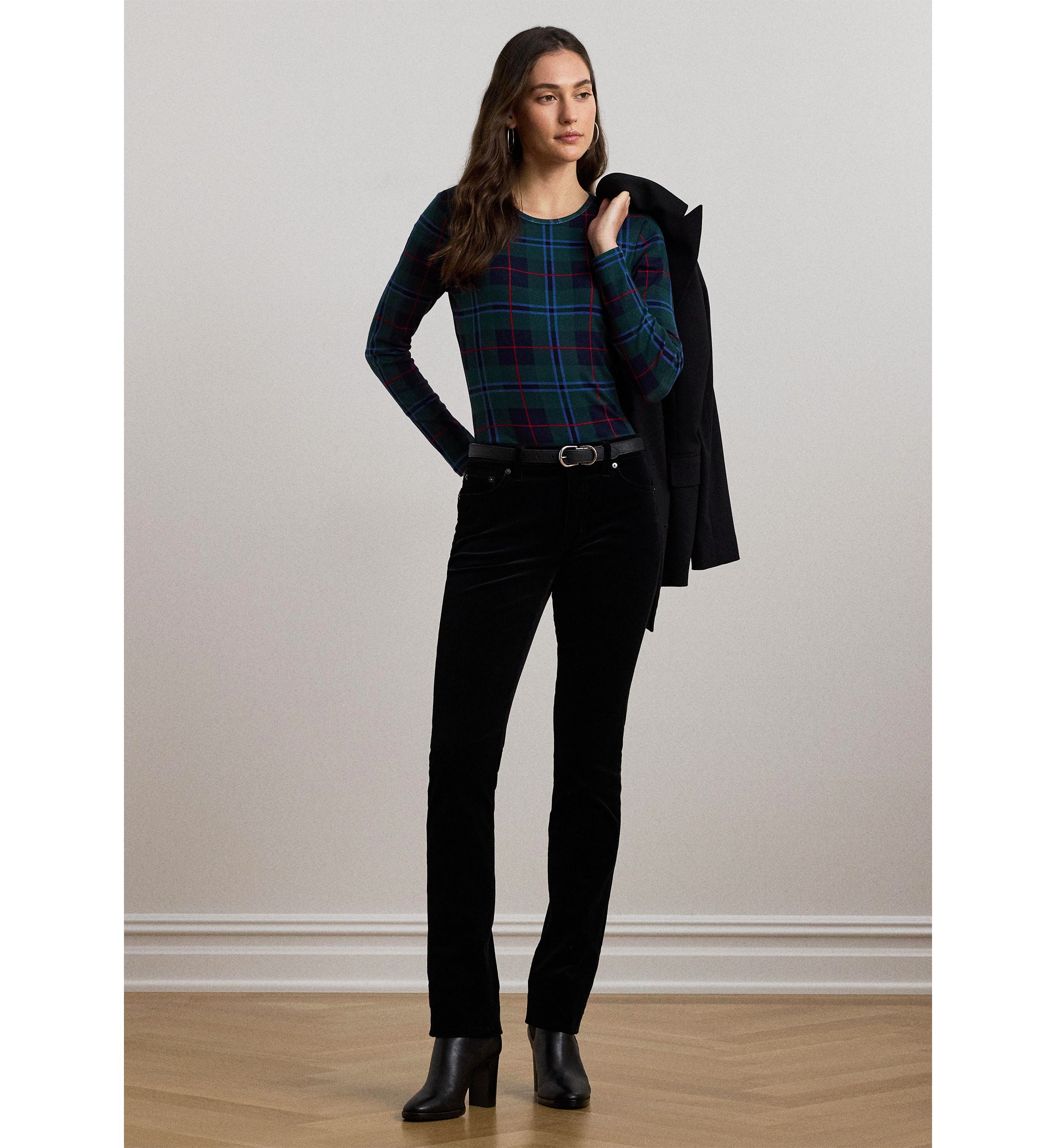 Plaid Stretch Cotton Long Sleeve T-Shirt