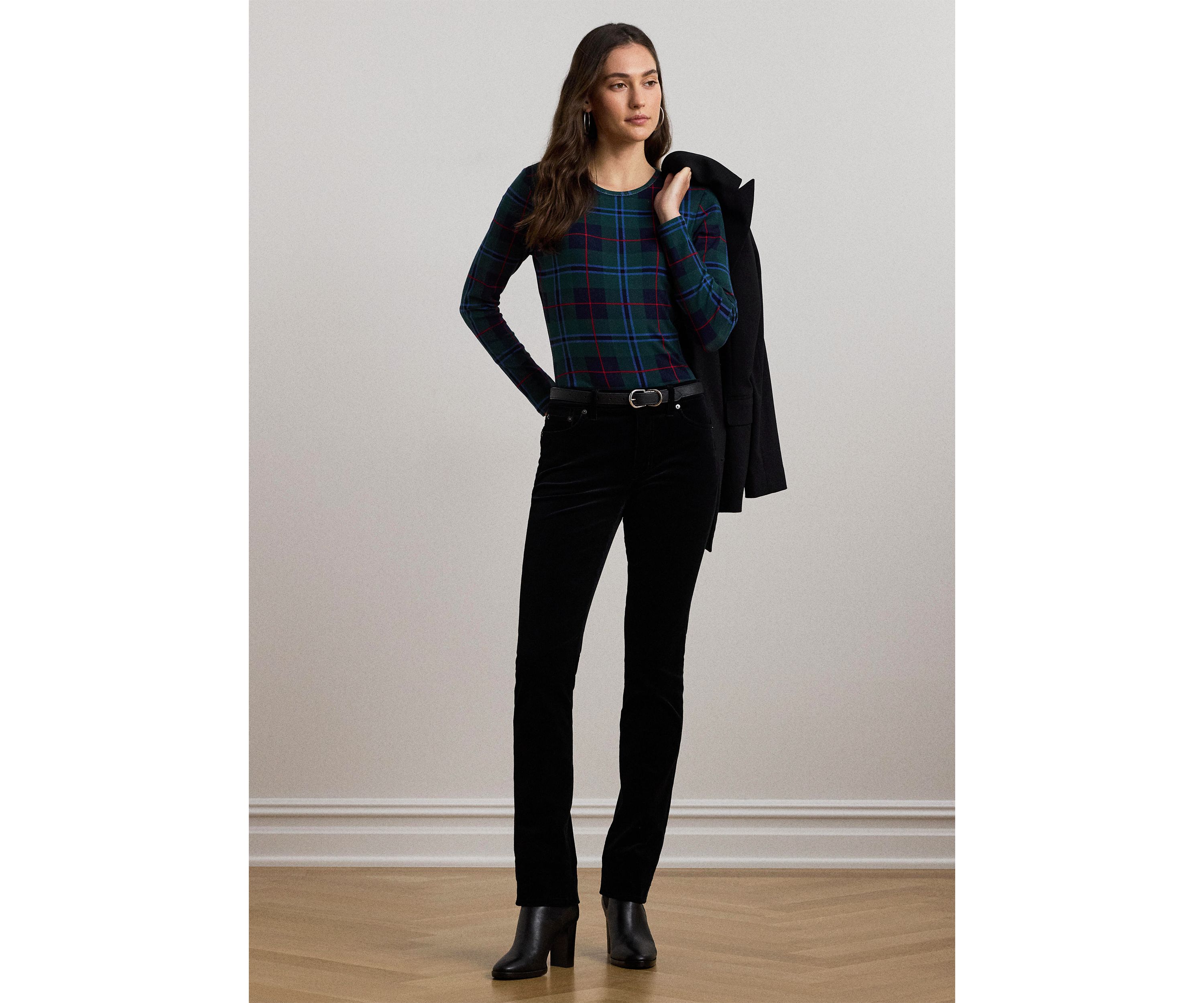 Plaid Stretch Cotton Long Sleeve T-Shirt