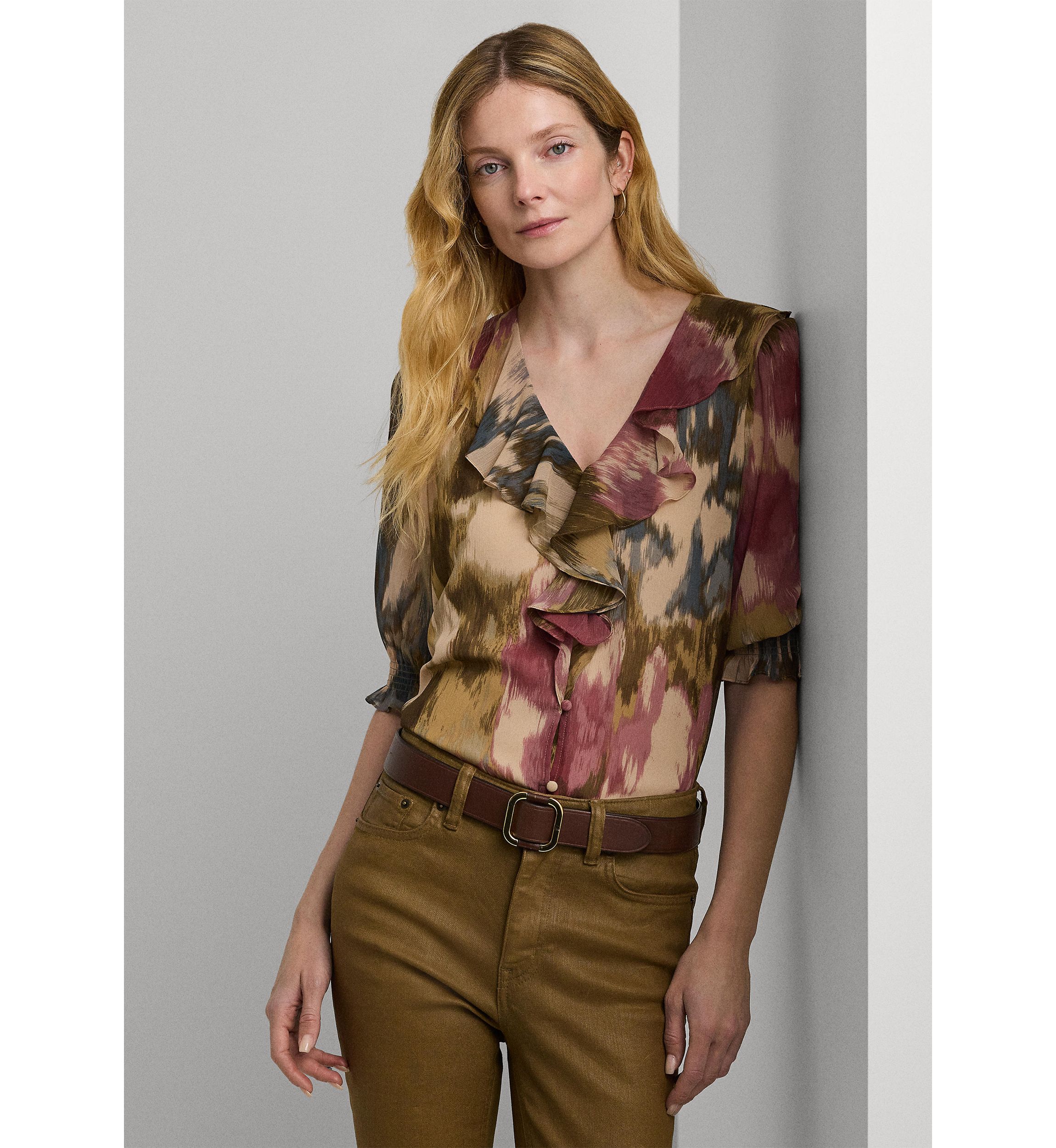 Womens Floral Georgette Ruffle-Trim Blouse