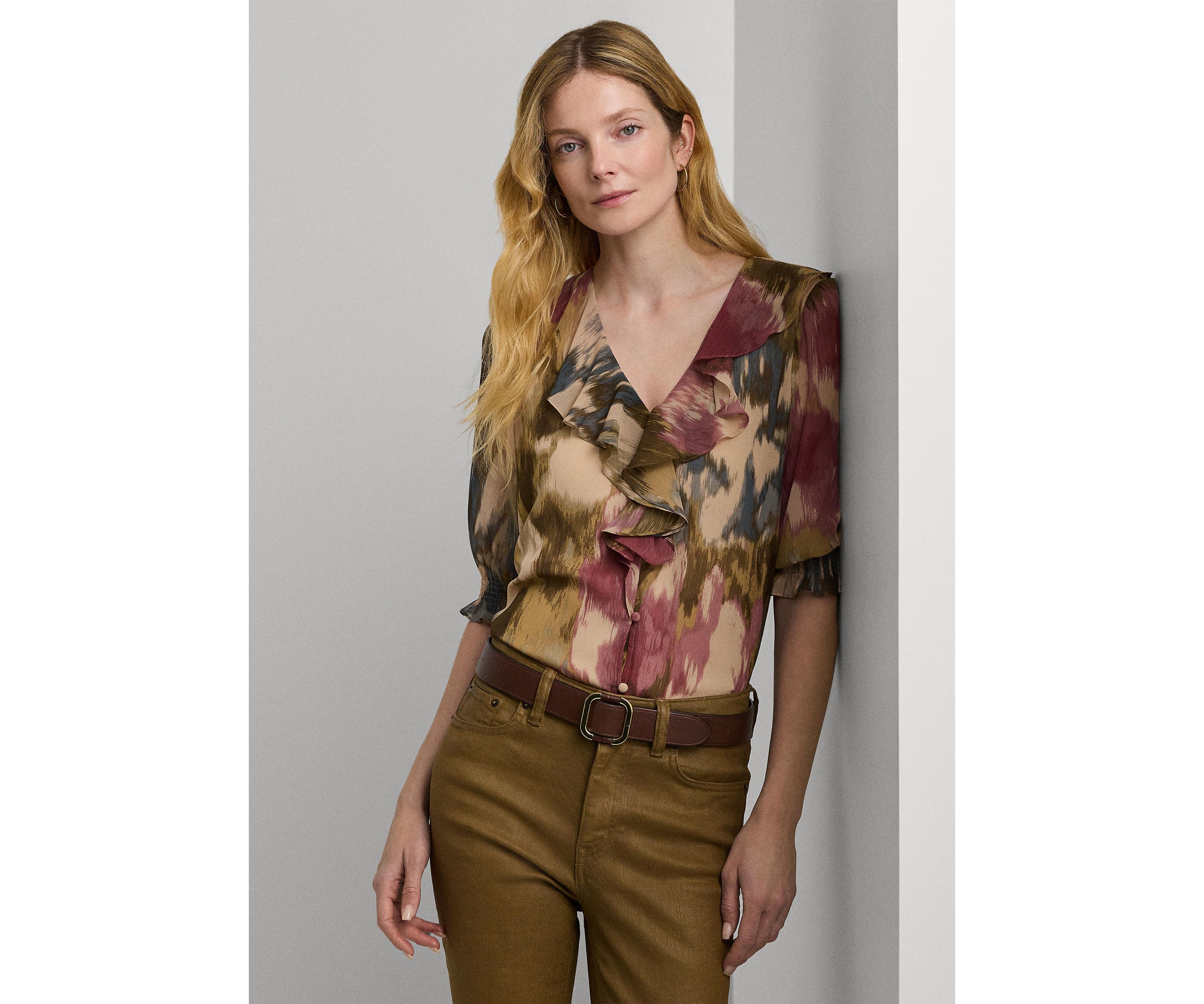Womens Floral Georgette Ruffle-Trim Blouse