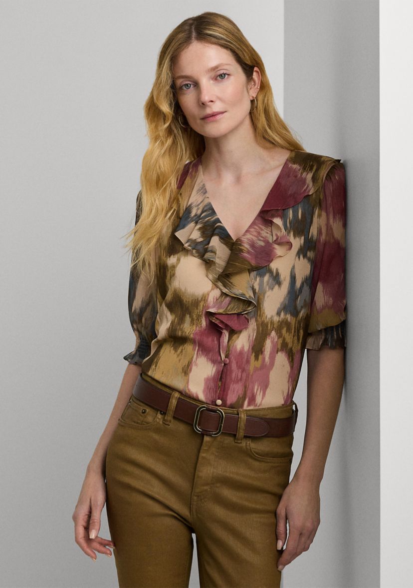 Womens Floral Georgette Ruffle-Trim Blouse